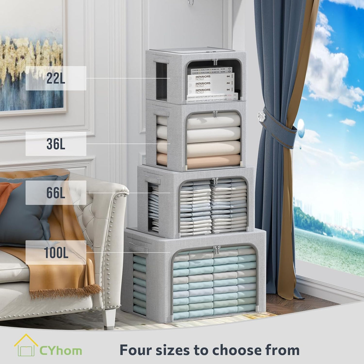 4 Pack Clothes Storage Bins with Metal Frame - Linen Fabric Foldable Stackable Container Organizer Set with Clear Window & Carry Handles & Zippers (Light Grey, 23.6"x16.5"x15.7")