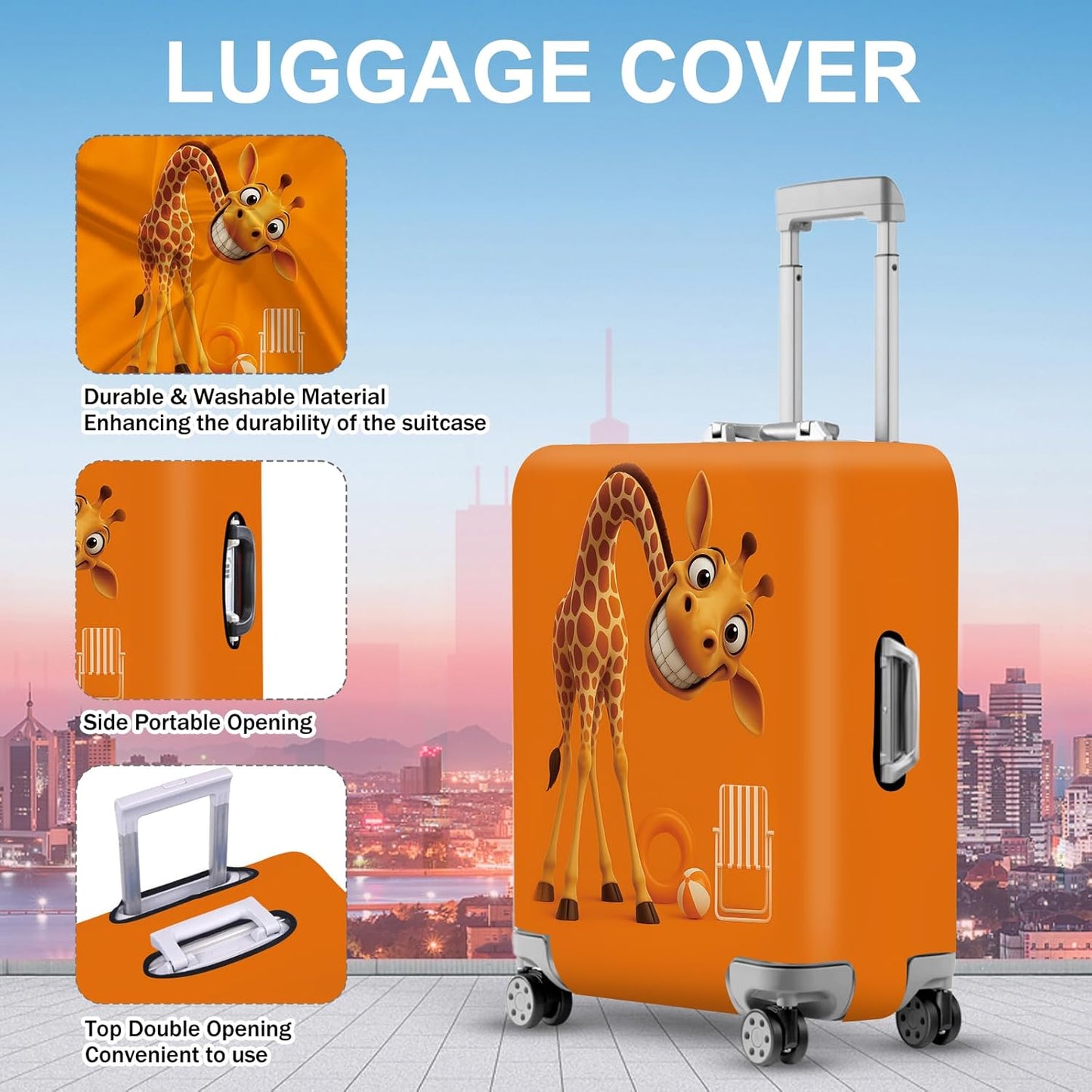 ANNA QUEEN Giraffe Fun Luggage Cover, Playful Giraffe Design with Beach Ball and Chair, Stretchable, Washable Travel Sleeve for 28-30 Inch Luggage