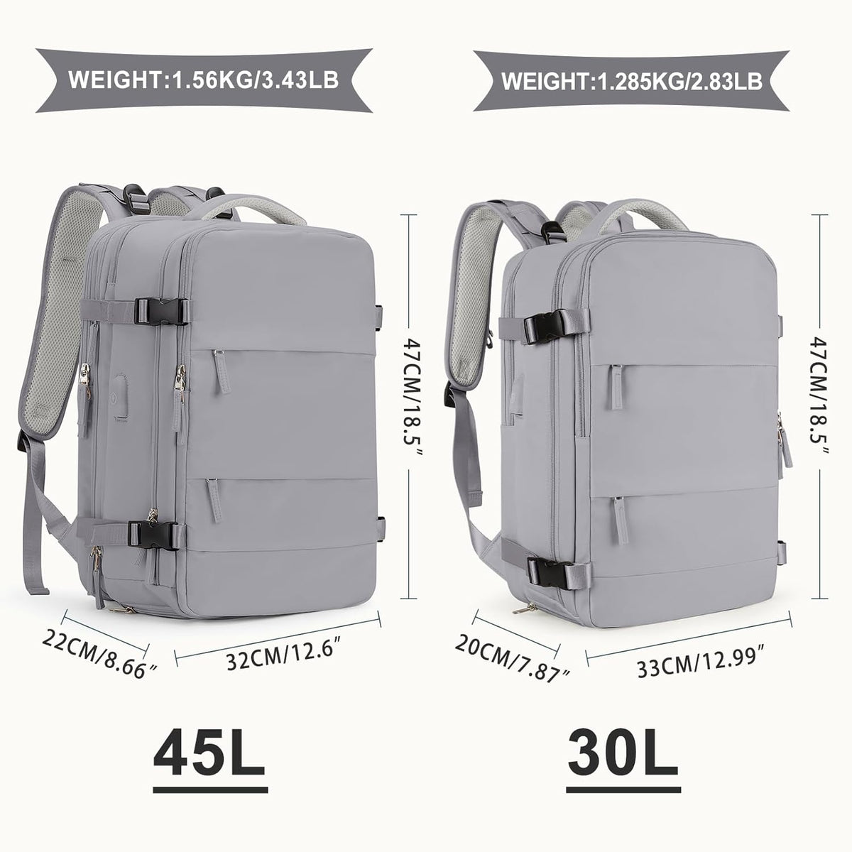 coowoz Large Travel Backpack For Women Men, Carry On Backpack,Hiking Backpack Waterproof Outdoor Sports Rucksack Casual Daypack Expandable Heavy Duty Extra large Backpack Grey Expansion