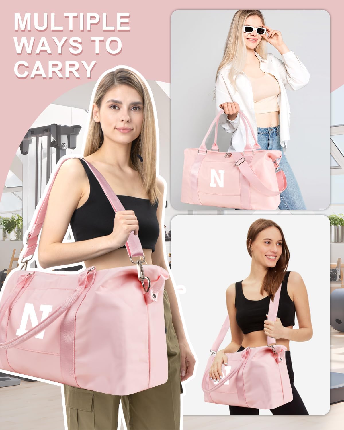Initial Travel Duffel Bag Sports Gym Bag for Girls Teen Birthday Gifts,Pink Personalized Weekender Bag Carry On Tote Bags for Women Men,Waterproof Overnight Luggage Bag with Trolley Sleeve(Letter N)