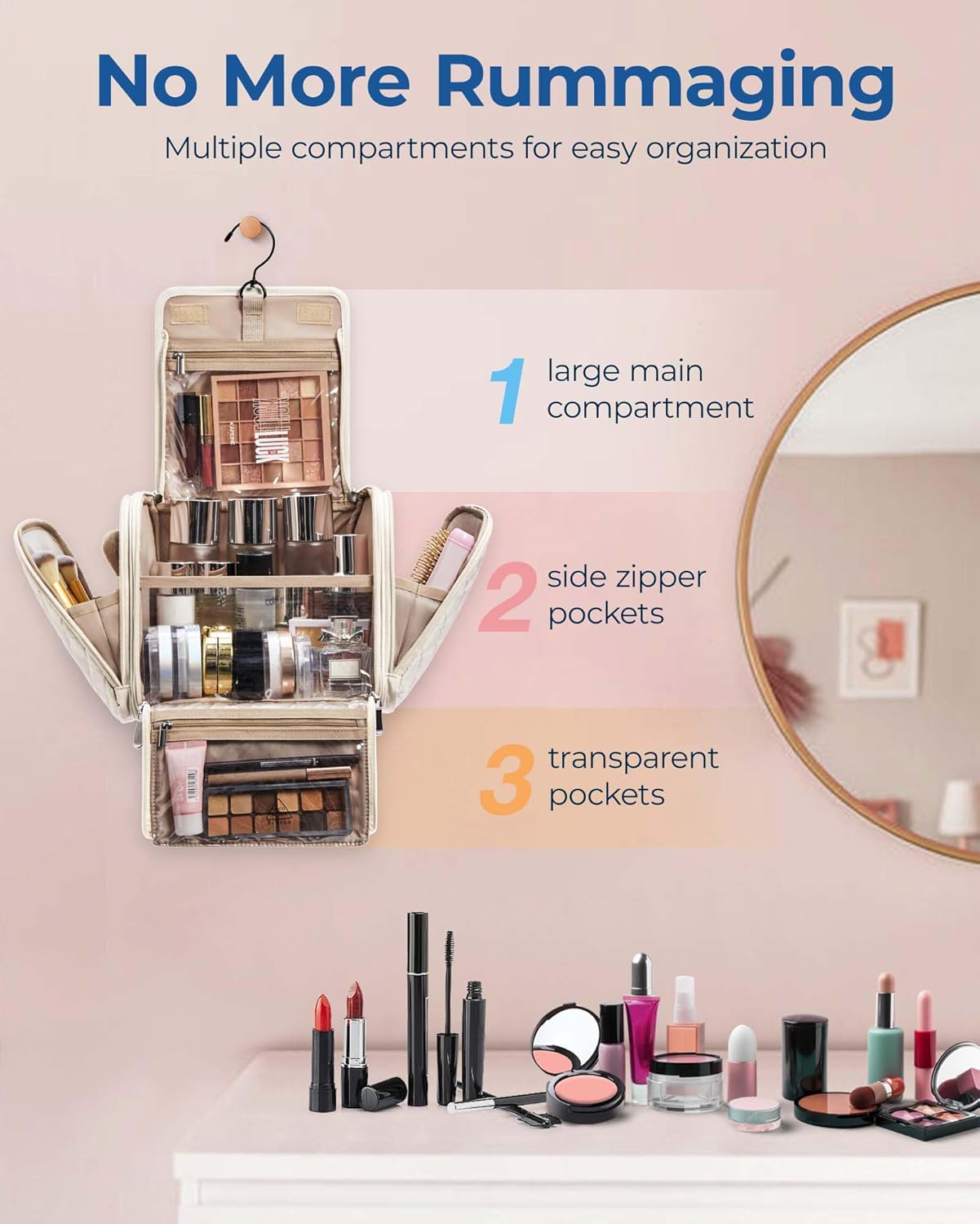 BAGSMART Makeup Bag for Women with Hanging Hook, Large Portable Capacity Water-resistant Organizer Travel Case for Toiletries and Cosmetics, Pink