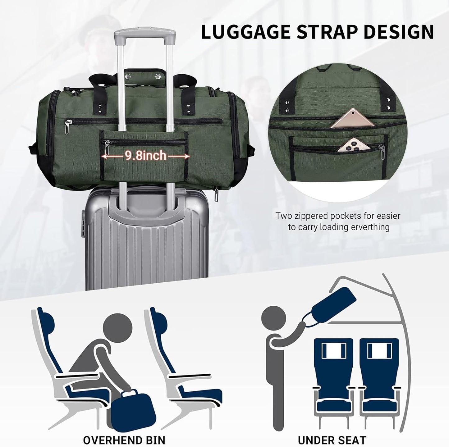 WITZMAN Travel Duffel Bags for Men Large Carry On Weekender Overnight Bag 3 in 1 Backpack with Shoe Compartment (B693 Army Green）