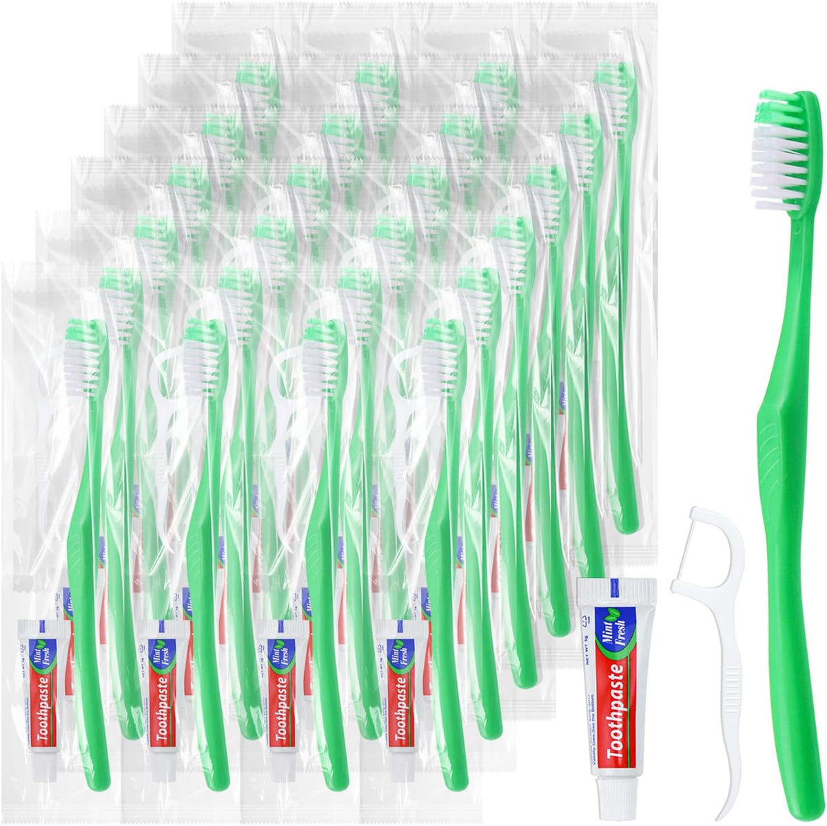 Disposable Toothbrushes with Toothpaste and Floss,10Pcs Green Single Use Individually Wrapped Disposable Travel Toothbrushes and Dental Floss Kit Bulk for Homeless,Airbnb,Hotel,Dentist