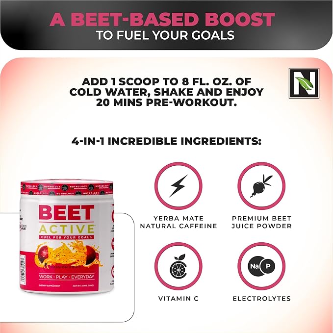 Nutrology Beet Active, Natural Pre-Workout Powder, Supports Energy, Endurance & Nitric Oxide Flow with Beet Powder, Yerba Mate & Electrolytes, Vegan Pre Workout, Passion Fruit Flavor, 30 Servings