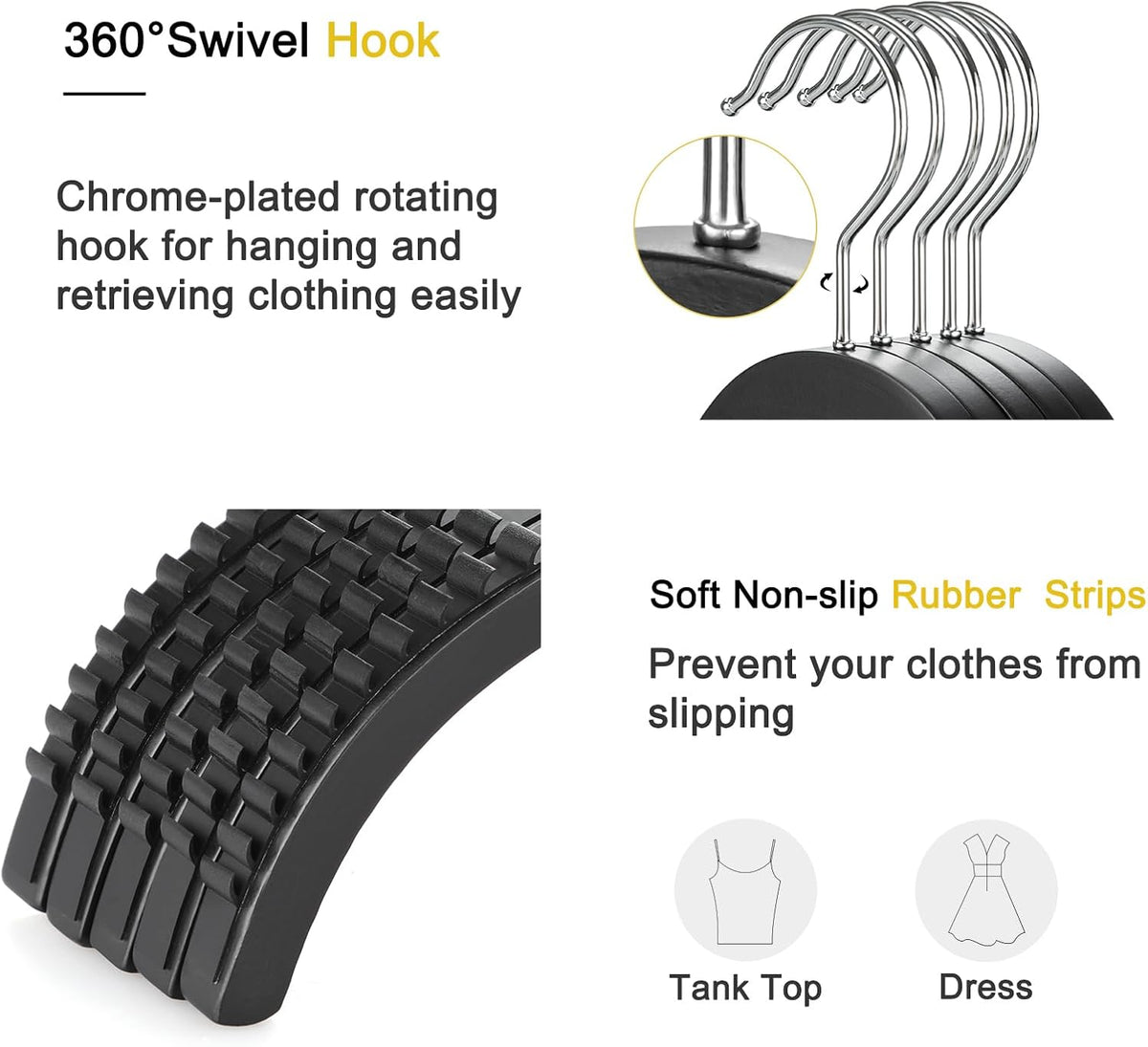 TOPIA HANGER Slim Wooden Hangers with Extra Soft Non-Slip Rubber Grips, 30-Pack High-Grade Fashion Hanger No Shoulder Bump for Sweater, Camisole, Jacket, Dress, Coat (Black)-CT15B30