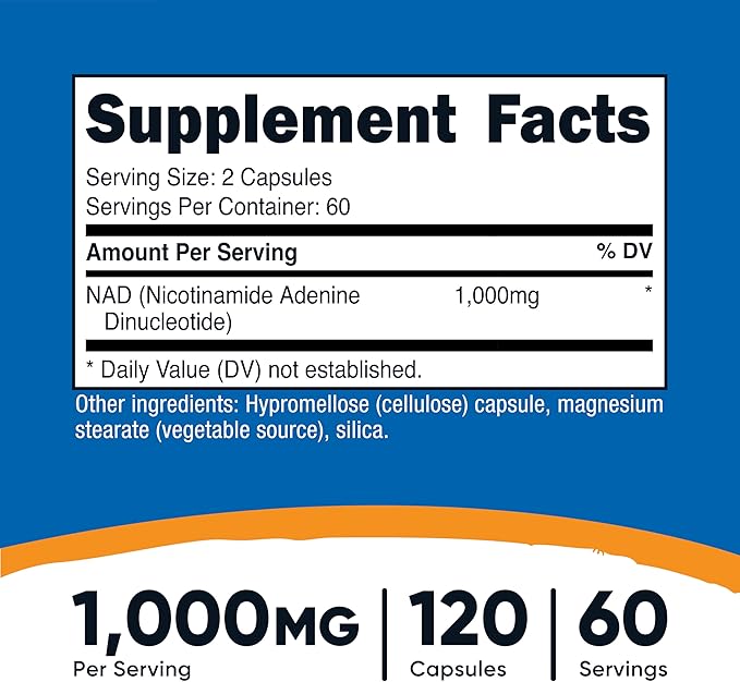 Nutricost NAD+ Supplement 1,000mg per Serving,120 Capsules (Nicotinamide Adenine Dinucleotide) - 60 Servings, Gluten-Free, Vegan