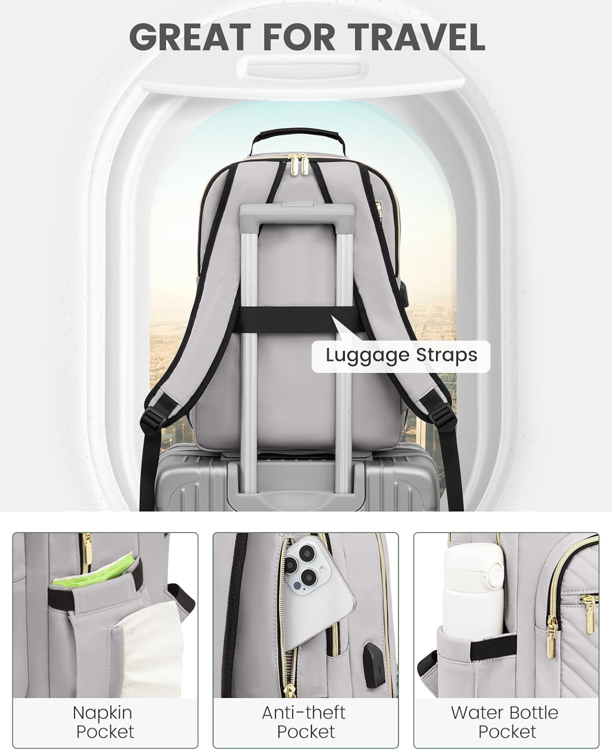 LOVEVOOK Laptop Backpack for Women, Travel Computer Work Bags with 17-inch Laptop Compartment, College School Student Bag Teen Backpacks For Girls, Outdoor Carry On Backpack Purse, Grey