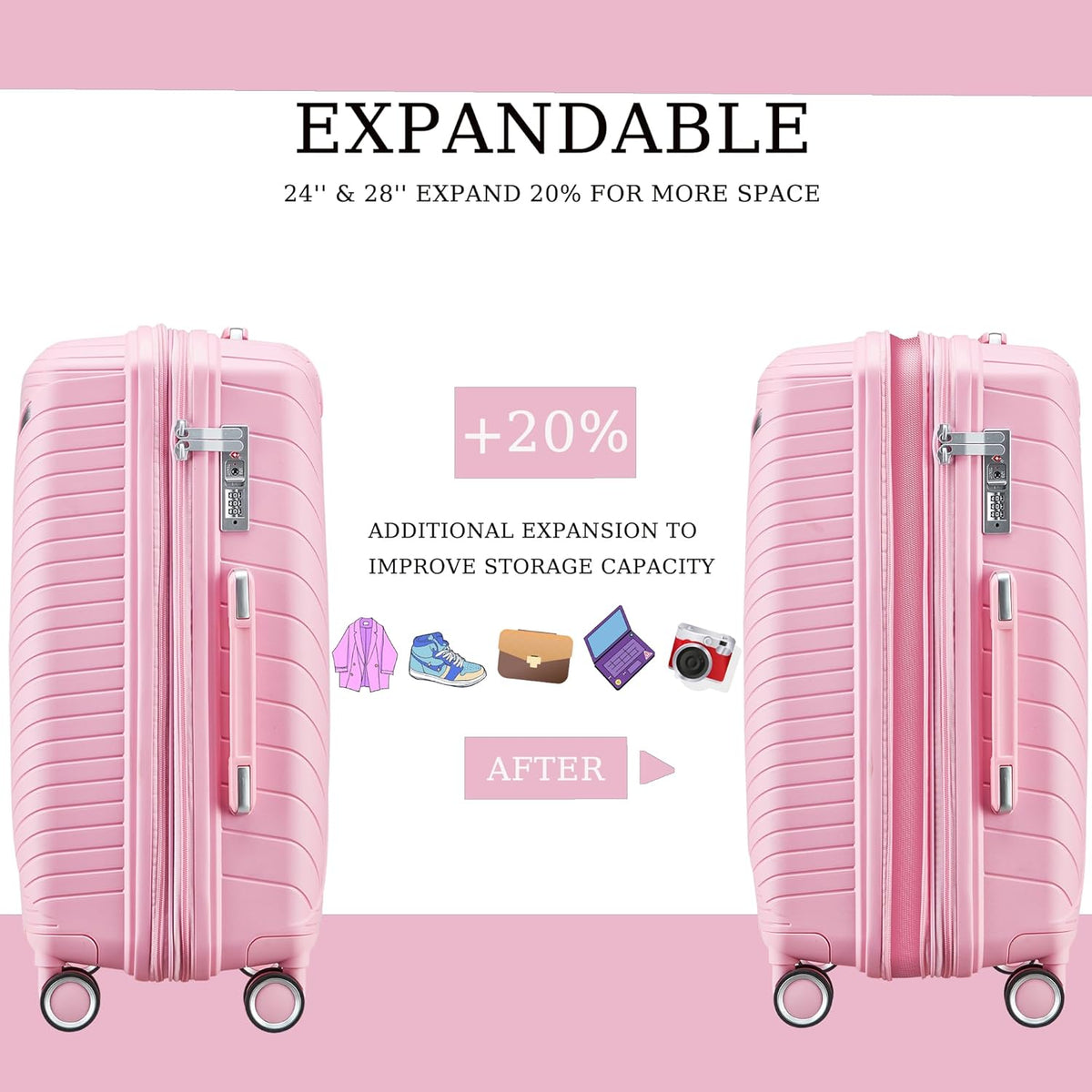 Campfun Luggage 4 Piece Sets, Expandable Carry On Luggage Set Hardshell PP, Suitcase Set with Double Spinner Wheels, Checked Durable Lightweight with TSA Lock, 14in 20in 24in 28in-Pink(A)