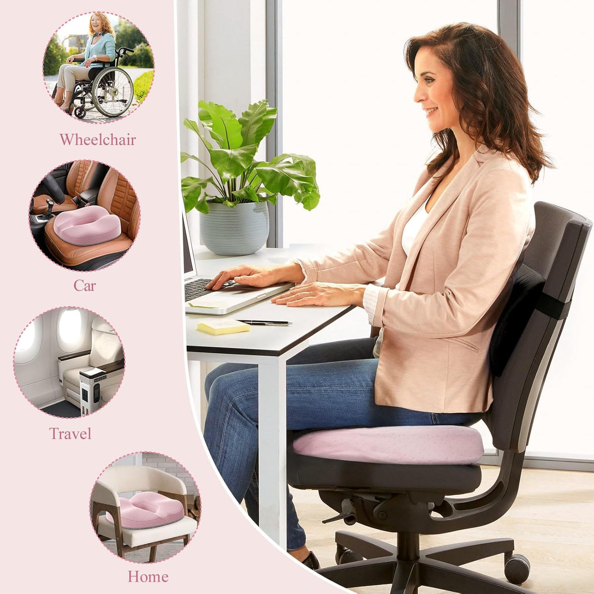 Benazcap Donut Pillow Seat Cushion - Ergonomic Memory Foam for Tailbone & Sciatica Pain Relief, Ideal for Hemorrhoids, Pregnancy, and Postpartum Comfort - Pink