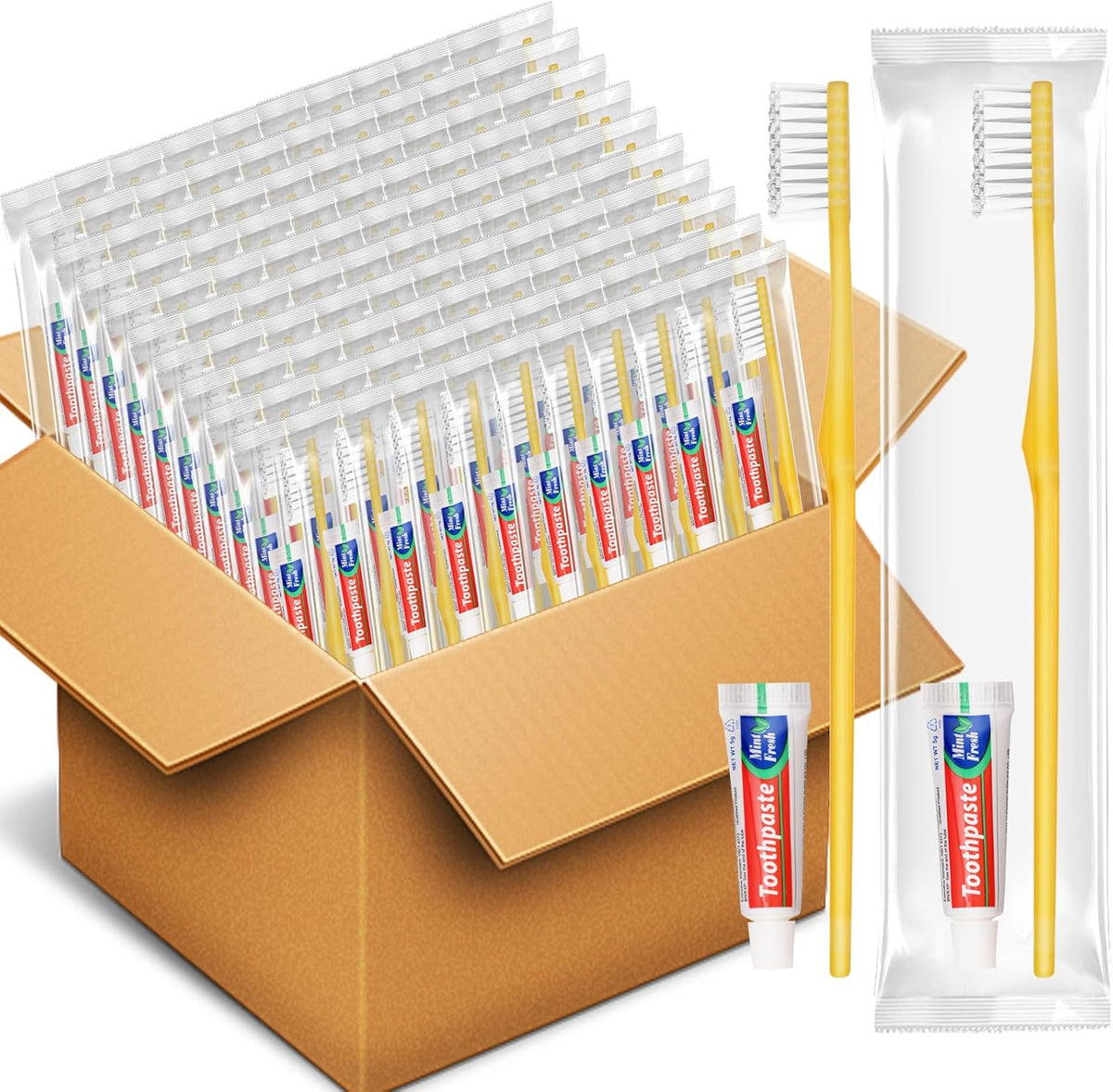 HOFASON Disposable Toothbrushes with Toothpaste Pack of 100, Yellow Hollow Travel Toothbrush Set with 5g Toothpaste Individually Wrapped Toothpaste Bulk for Homeless, Nursing Home, Shelter, Hotel