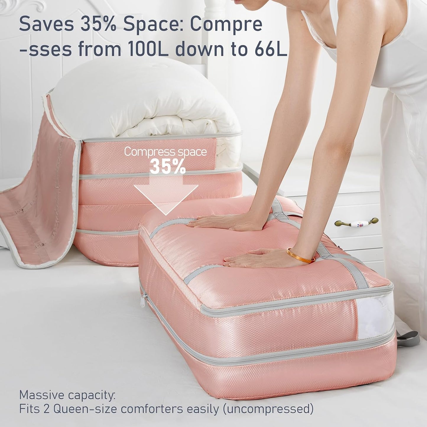 DIMJ Large Comforter Storage Bag with Handls, 100L Washable Blanket Storage, Compression Packing Totes Moving Bags With Zipper, Space Saving Containers For Pillow, Clothes, Bedding, 4 PCS