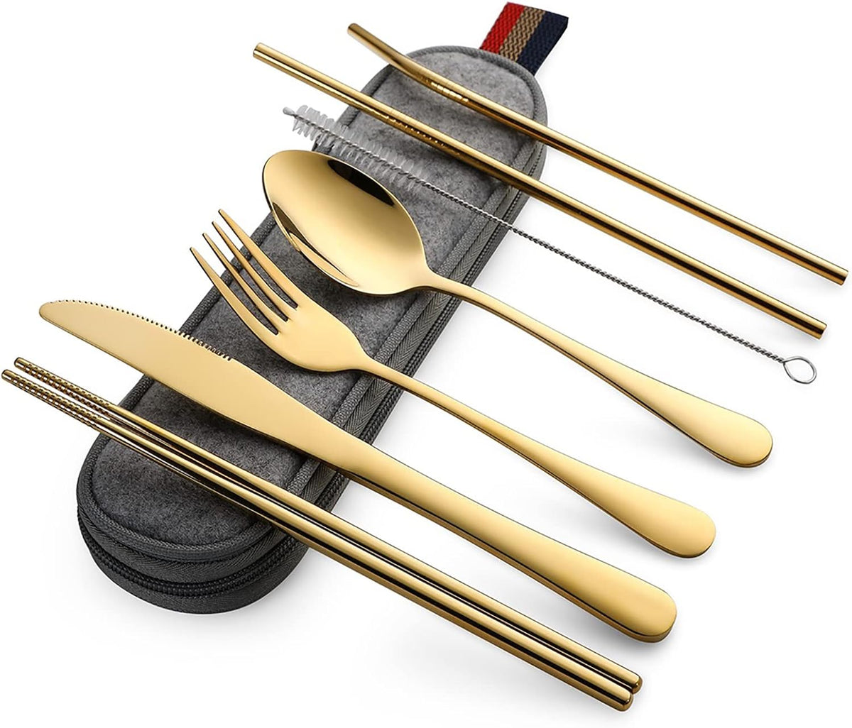 DEVICO Portable Utensils, Travel Camping Cutlery Set, 8-Piece including Knife Fork Spoon Chopsticks Cleaning Brush Straws Portable Case, Stainless Steel Flatware set (Gold)