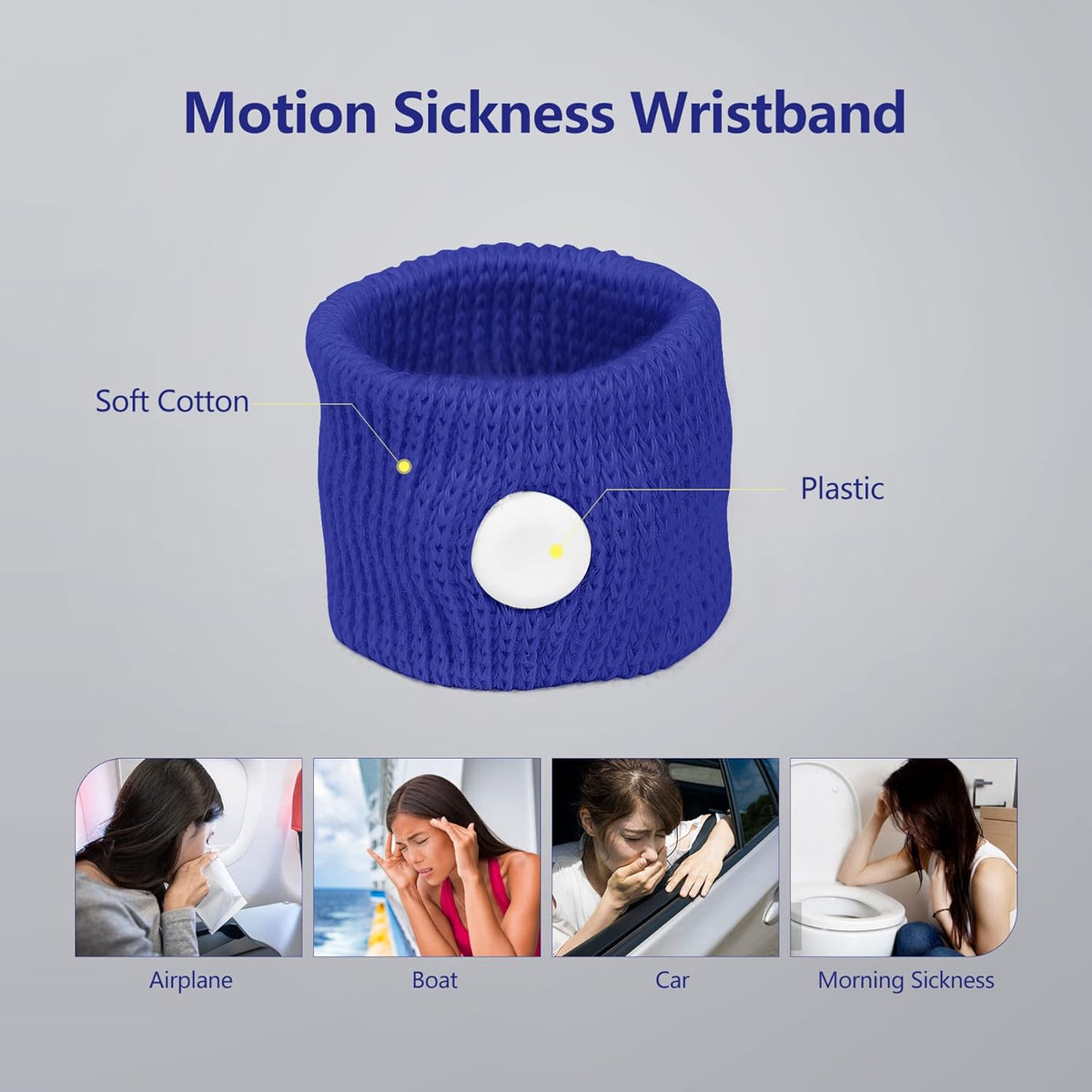 Cozyhealth Motion Sickness Wristband, Anti-Nausea Acupressure Wrist Band for Nausea Relief, Dizziness and Vomiting from Car Boat Flying Travel Sickness for Adults and Kids (Black/Dark Blue, 4 Pairs)