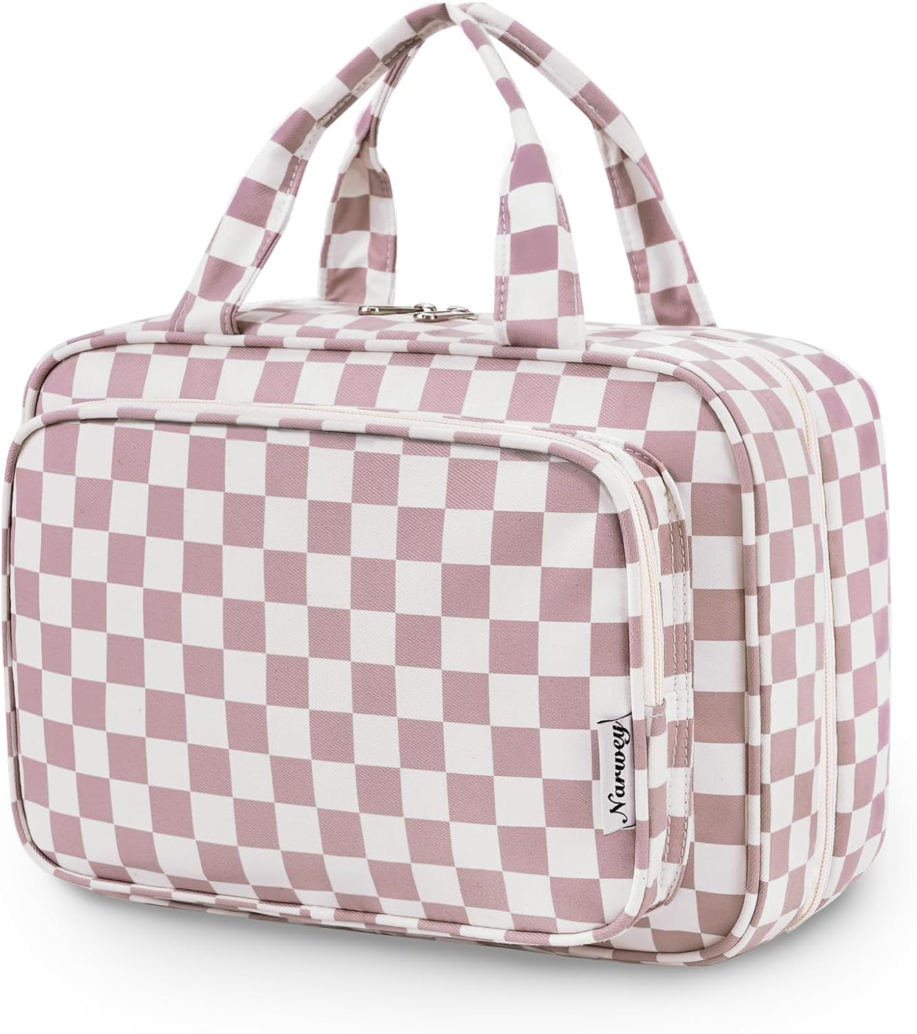 Narwey Travel Toiletry Bag for Women Large Hanging Makeup Bag Organizer Toiletries Bag for Full Size Essentials Accessories Cosmetics (Dusty Pink Checkerboard (Large))