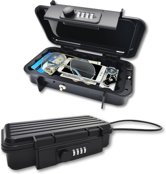 Portable Security Lock Box with Combination Lock, Waterproof Mini Safe Box with Cable, Travel Storage Case for Hotel, Car, Office