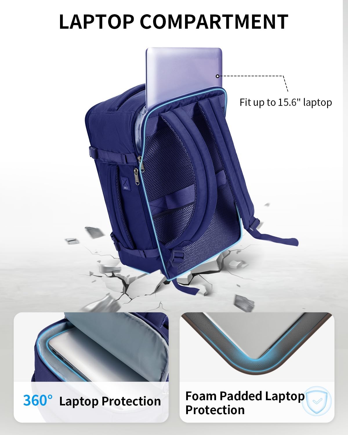 ECOHUB Travel Backpack for Men Women, Carry on Backpack with USB Charging Hole, Spirit Airlines Personal Item Bag Flight Approved, 15.6 Inch Laptop Backpack with Anti Theft Pockets, 30L, Navy Blue