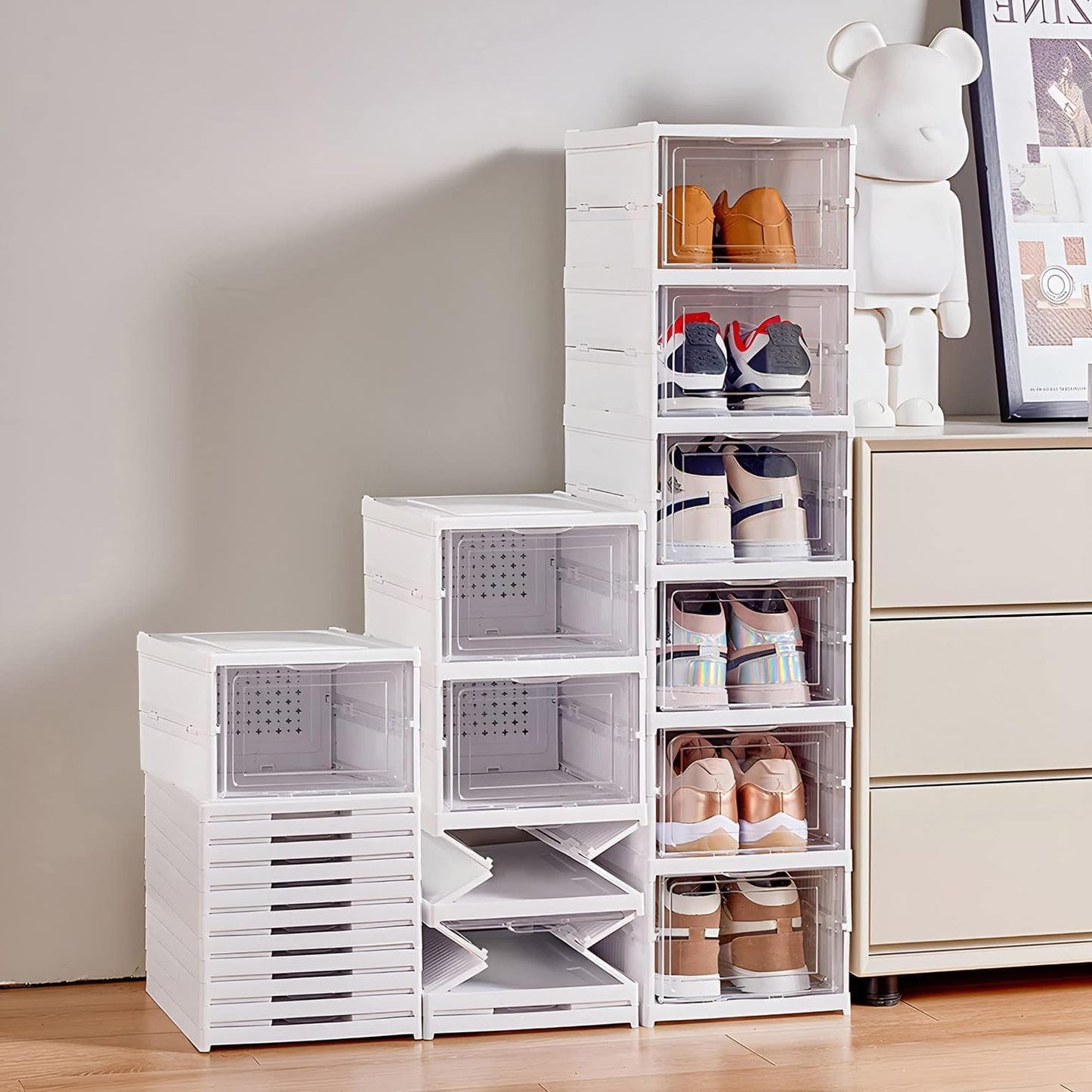 Shoe Organizer Foldable Shoe Rack, No Assembly Box Covered Shoe Storage with Doors, Free Standing Space Saving Shoe Box Stackable Dustproof 6,3 (1×6 Tiers)