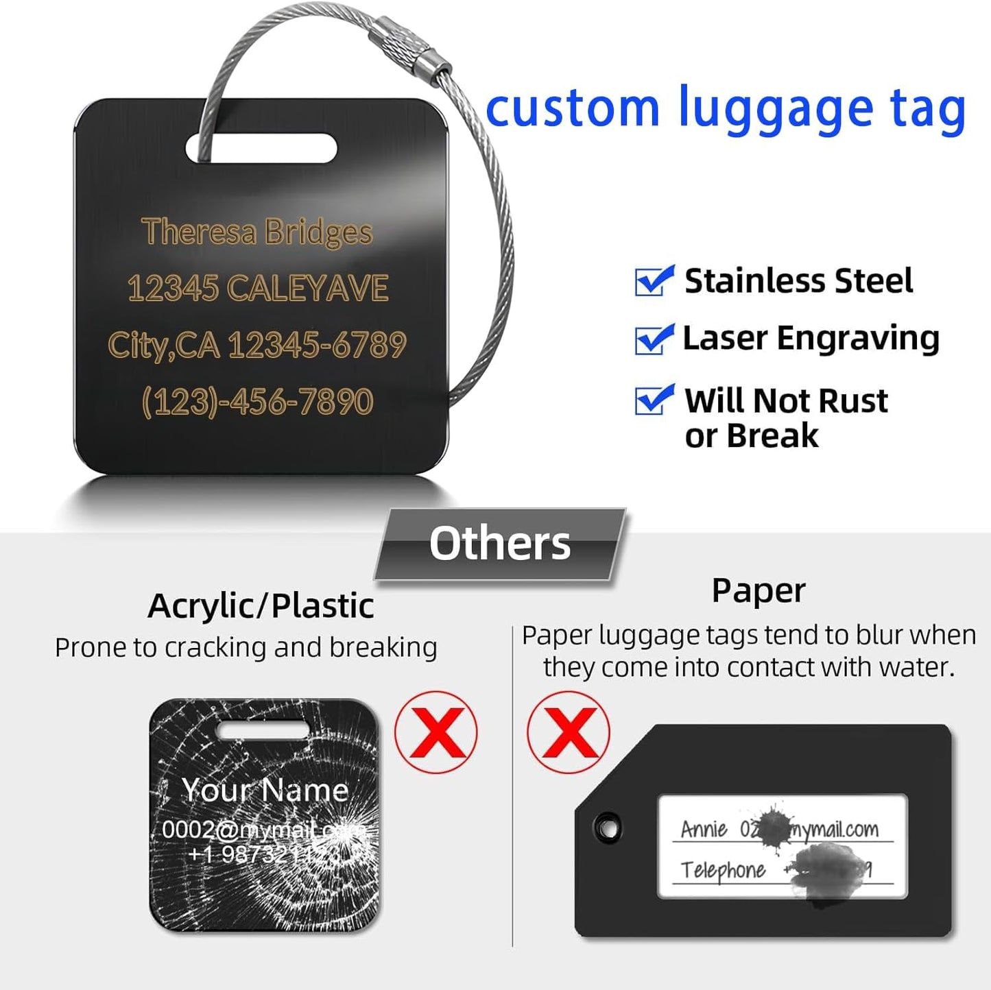 (5Pack Made in USA) Custom Personalized Luggage Tags-Customized Unique tag for Suitcase Backpack Travel,Bags (Blue (2 × 2))
