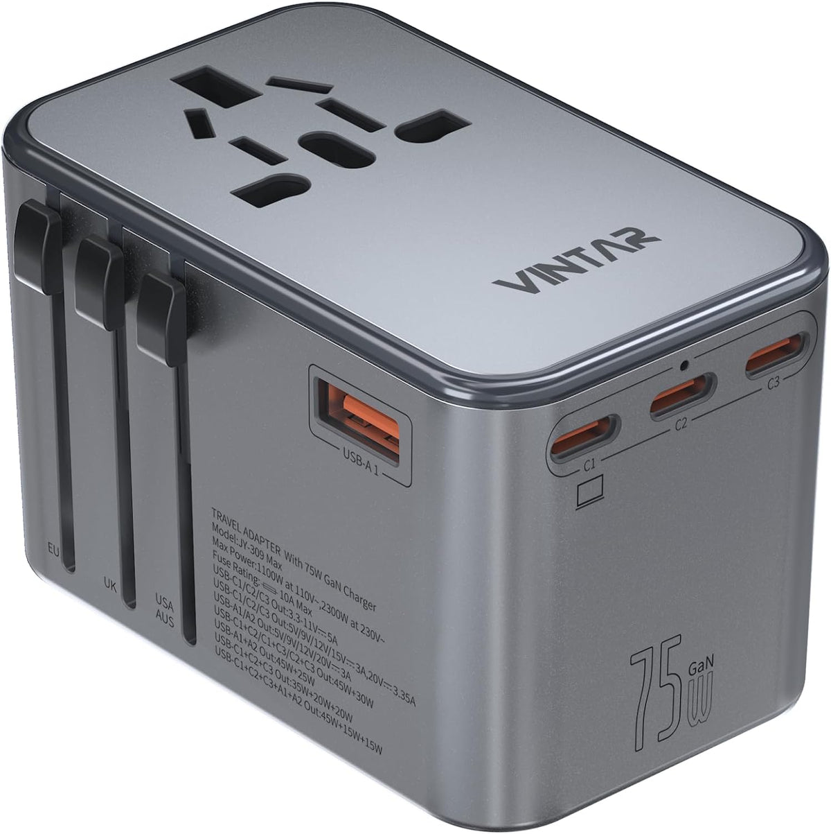 Universal Travel Adapter, VINTAR 75W GaN International Power Adapter with 3 USB-C PD and 2 USB-A QC Charging Ports, All-in-one Outlet Converter Wall Charger for Europe UK USA AUS(Type C/G/A/I), Grey