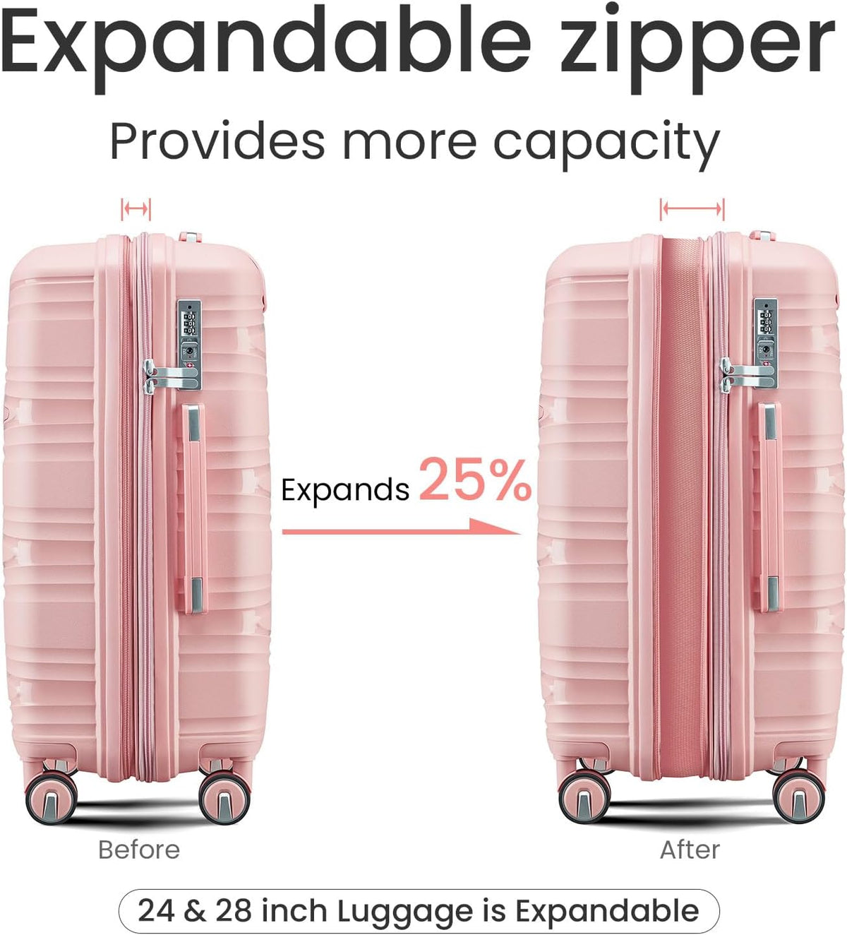 Campfun Luggage 4 Piece Sets, Expandable Carry On Luggage Set Hardshell PP, Suitcase Set with Double Spinner Wheels, Checked Durable Lightweight with TSA Lock, 14in 20in 24in 28in-Pink(C)