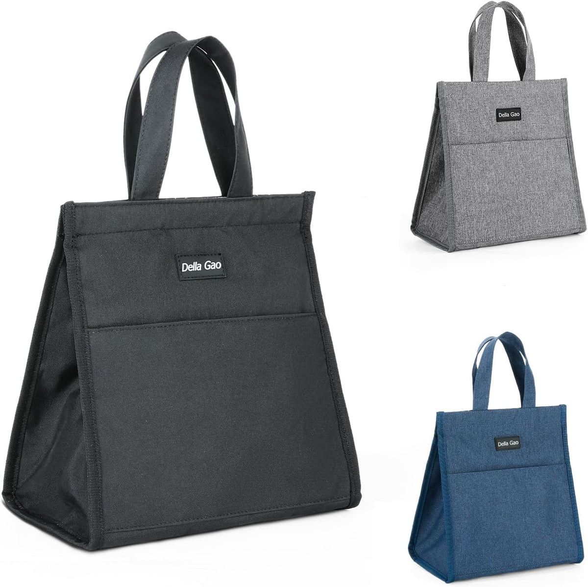 Della Gao Insulated Lunch Bag for Women Men, Waterproof Small Lunch Tote Lunch Box, Reusable Lunch Bags for Work, Party, Travel and Picnic (Black)