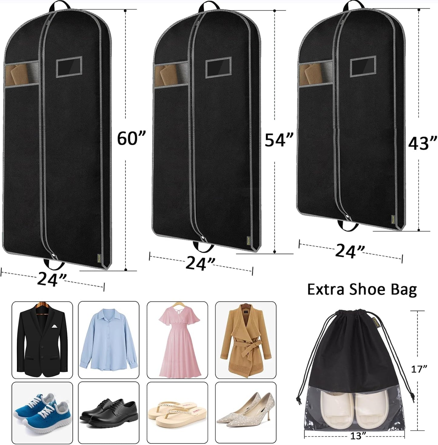 BALEINE 5PK Heavy Duty Garment Bag with Shoe Storage Travel Bag for Dresses, Suit, Coats Travel Essential (60", Black)
