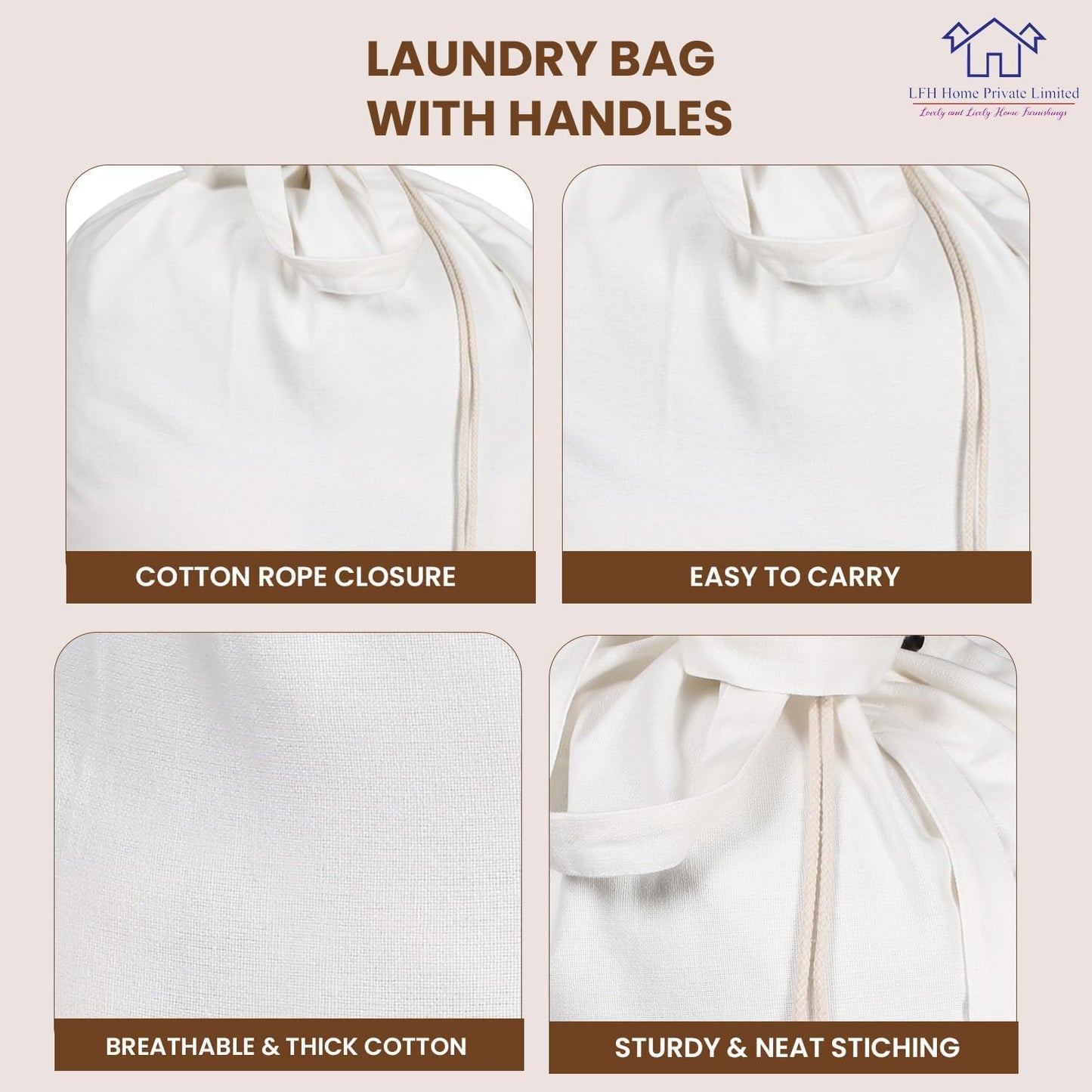 LFH Home Cotton Canvas Large Laundry Bag with Handle, Heavy Duty Drawstring Closure Washable Laundry Bags, School Travel, Home, Hotel, College Dorm, Organizer Sack, Toy Clothes 24x36 (Pack of 2)-White