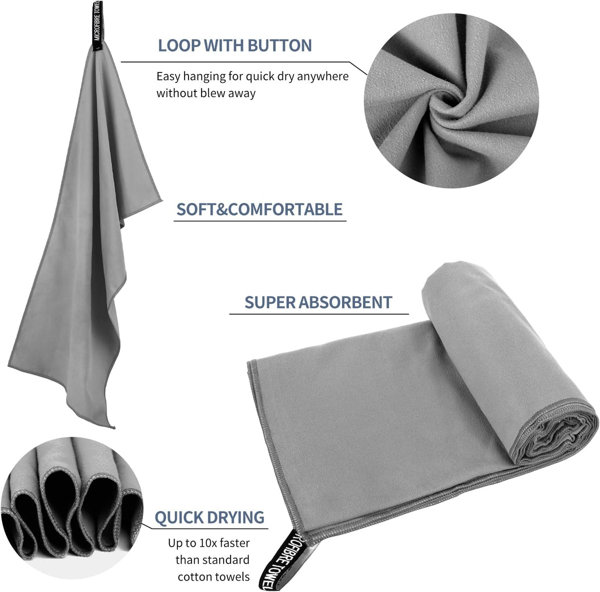 Microfiber Travel Towel, Soft Lightweight Quick Dry Towel, Super Absorbent Compact Travel & Sports & Beach Towels for Camping, Backpack, Gym, Swimming, Yoga, Hiking (M:20"×40" -Gray)