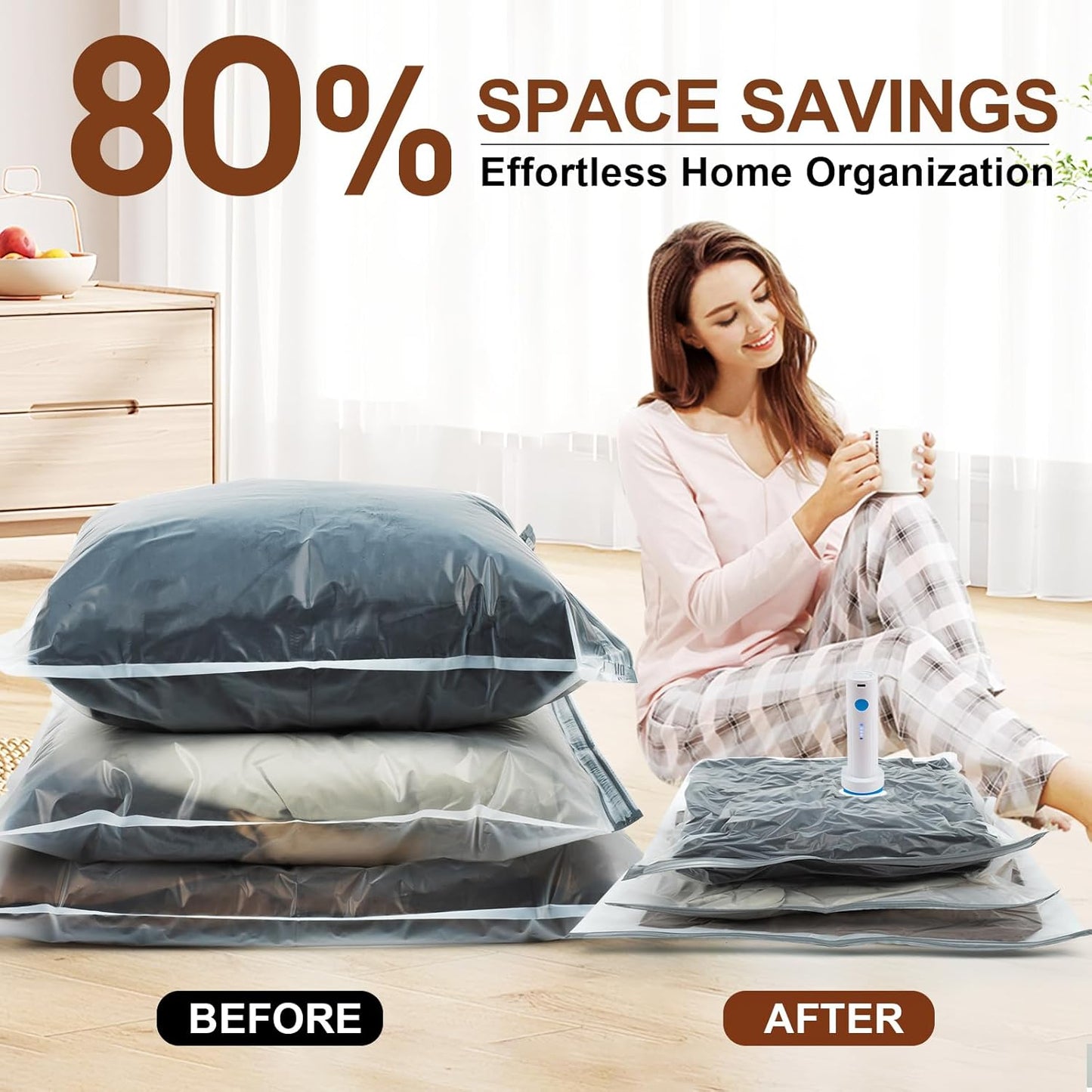 24 Pack Vacuum Storage Bags,Space Saver Bags for Clothing,Comforters,and Bedding,Includes 5 Jumbo, 5 Large, 5 Medium, 5 Small/4 Roll Bags,Compression for Closet & Travel, With Electric Pump