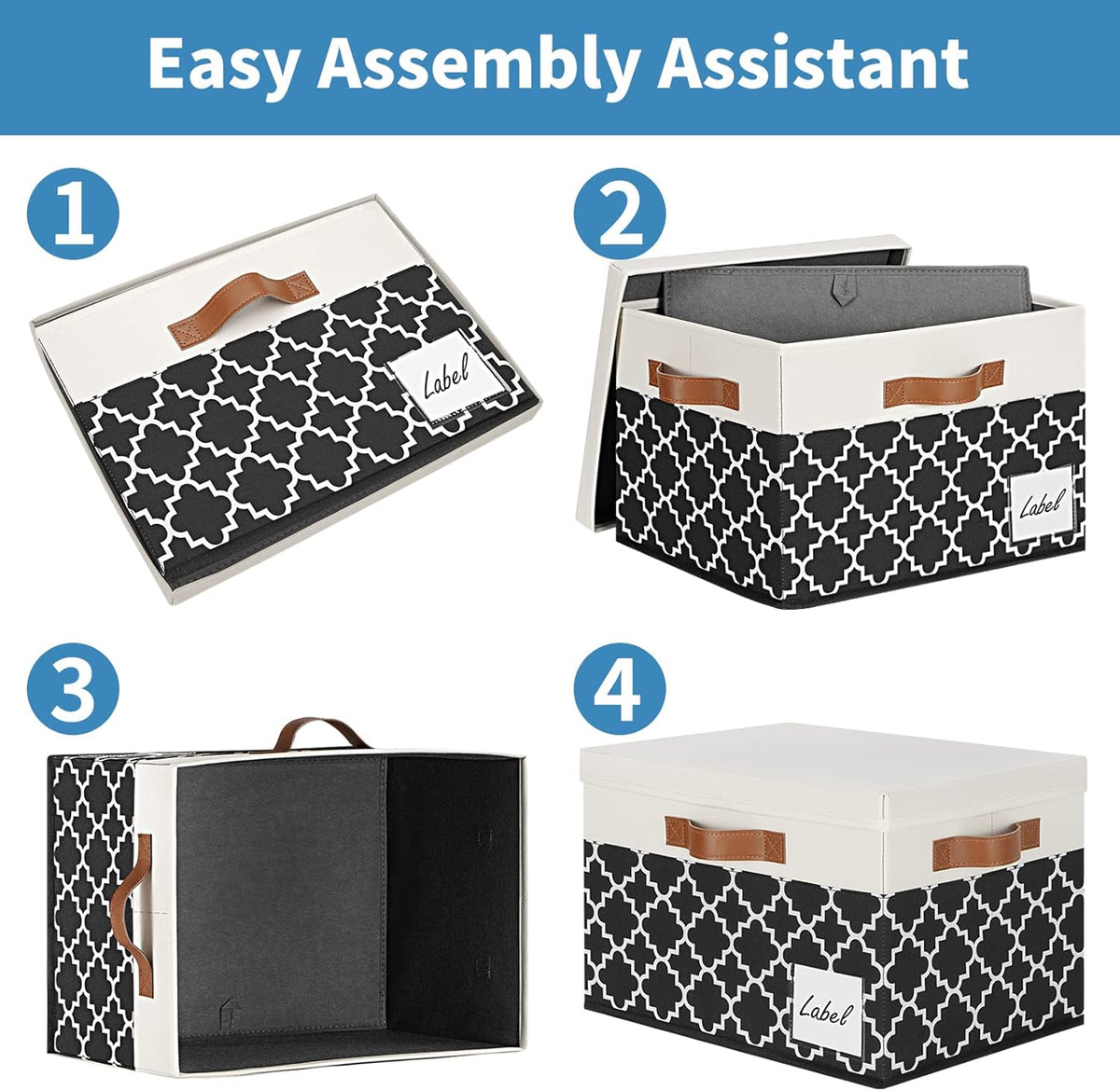 GhvyenntteS Extra Large Storage Bins with Lids, Foldable Fabric Storage Boxes with Lids and 3 Leather Handles, Sturdy Storage Baskets with Label Window (6 Pack, White&Lattice Black)