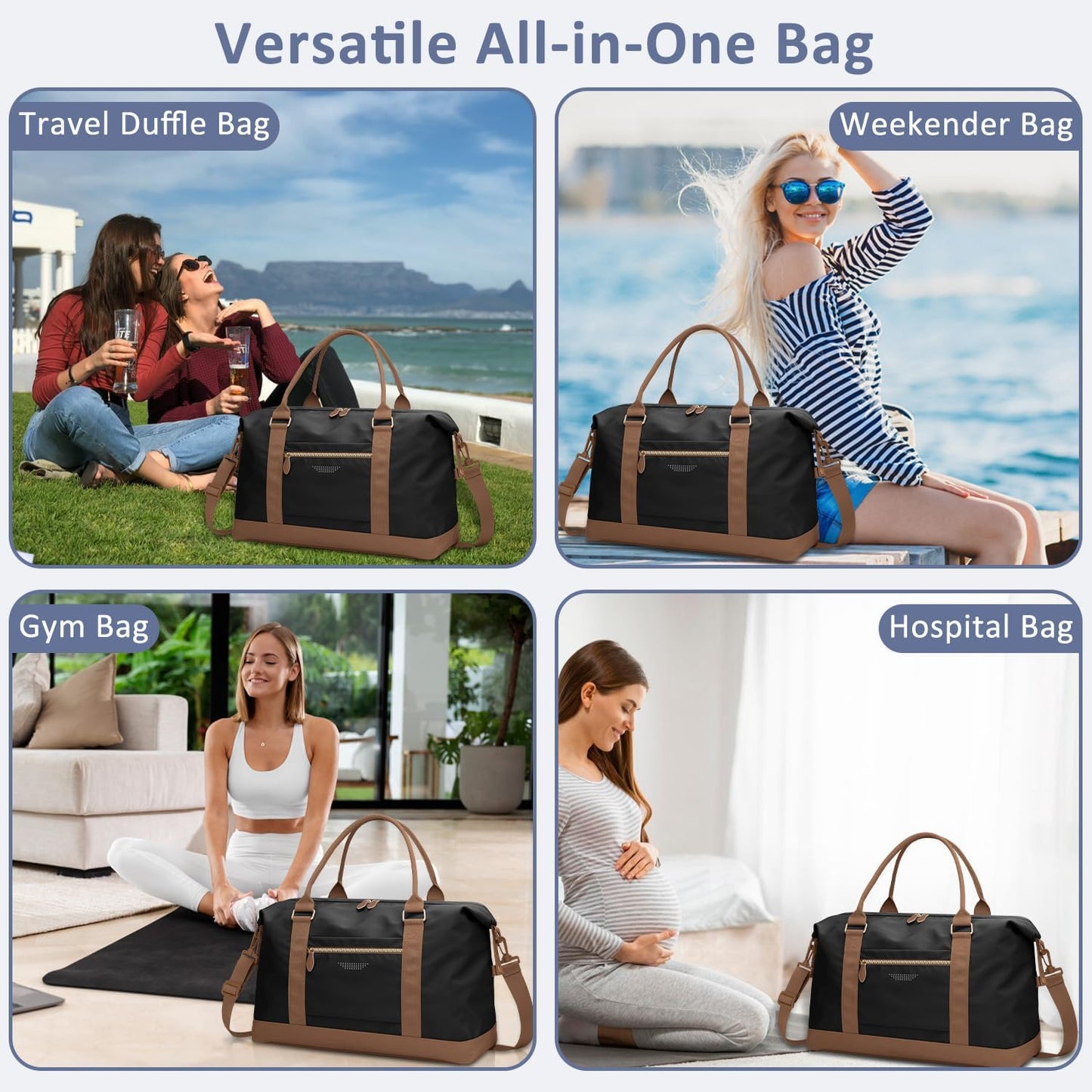 Travel Duffle Bag for Women, Weekender Bags, Hospital Bag for Labor Delivery, Lightweight Tote Duffel Overnight Bag with Luggage Sleeve, Airplane Travel Bags with Toiletry Bag, Large, Black