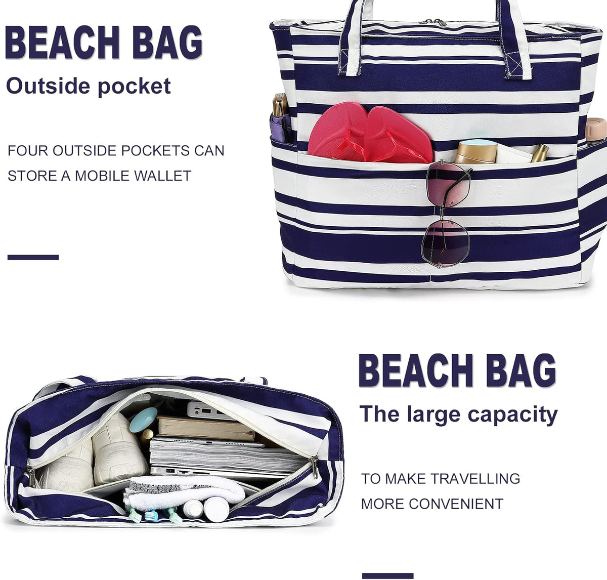 LEDAOU Beach Bag Waterproof Sandproof Women Tote Bag Pool Bag with Zipper for Gym Grocery Travel with Wet Pocket