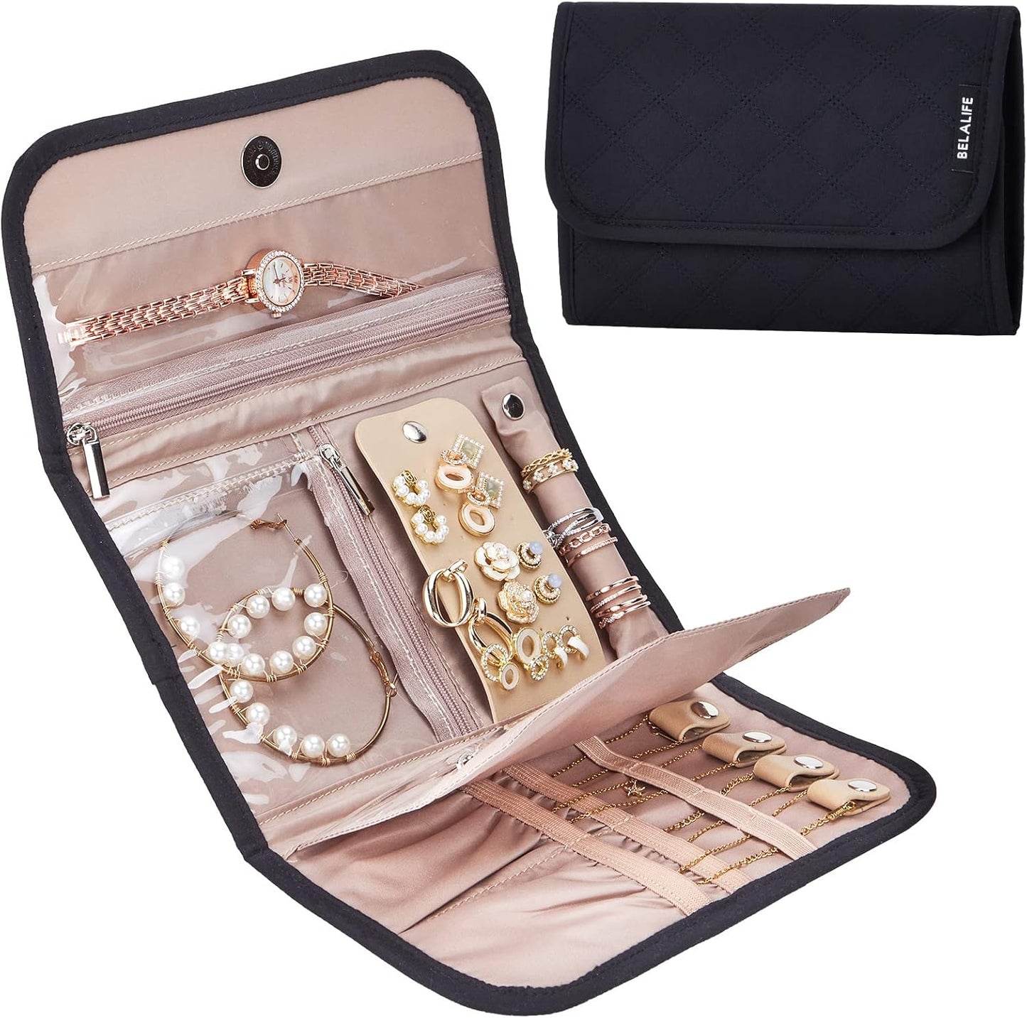 BELALIFE Travel Jewelry Case Organizer, Medium Foldable Storage Roll for Earrings, Necklaces, Rings, Bracelets, Brooches, Black