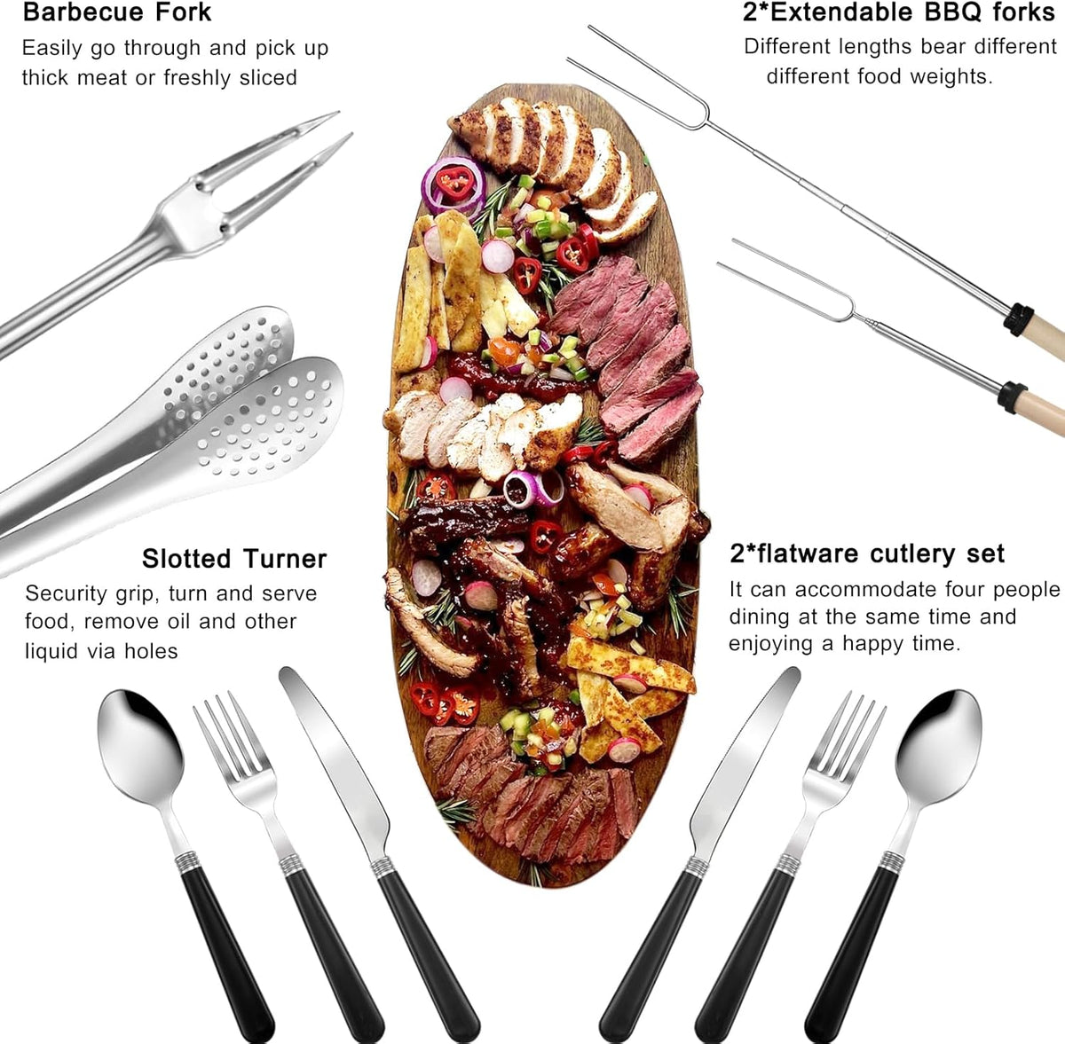 Camping Cooking Utensils Set - Camping Utensil Set Car Camping Cooking Essentials Gear for Camp Kitchen Cooking and Grilling, Stainless Steel & Silicone Ideal Gift for RV Tent Camper