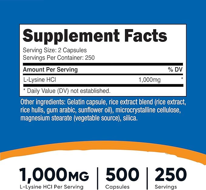 Nutricost L-Lysine 1000mg Per Serving, 250 Servings, 500 Capsules - Gluten Free, Non-GMO, 500mg Per Capsule