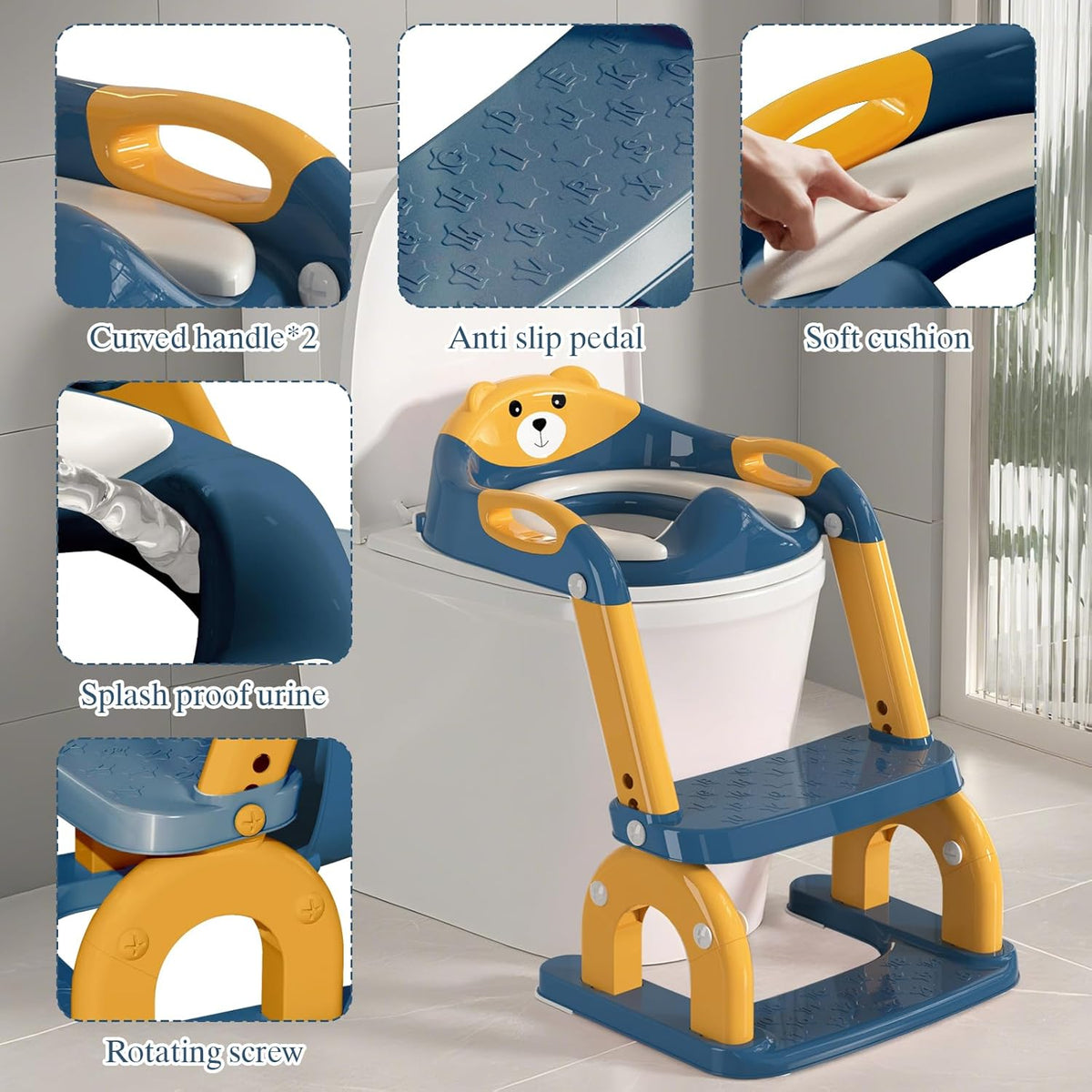 Potty Training Seat for Toddlers, Adjustable Height 2-in-1 Potty Training Toilet Ladder for Kids Boys Girls with Splash Guard, Waterproof Cushion, Anti-Slip Pad Step Stoo - Dark Blue