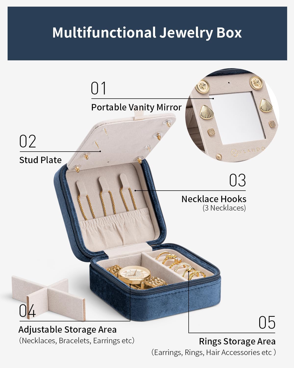 Vlando W Initial Jewelry Box, Women Travel Gifts - Dark Blue