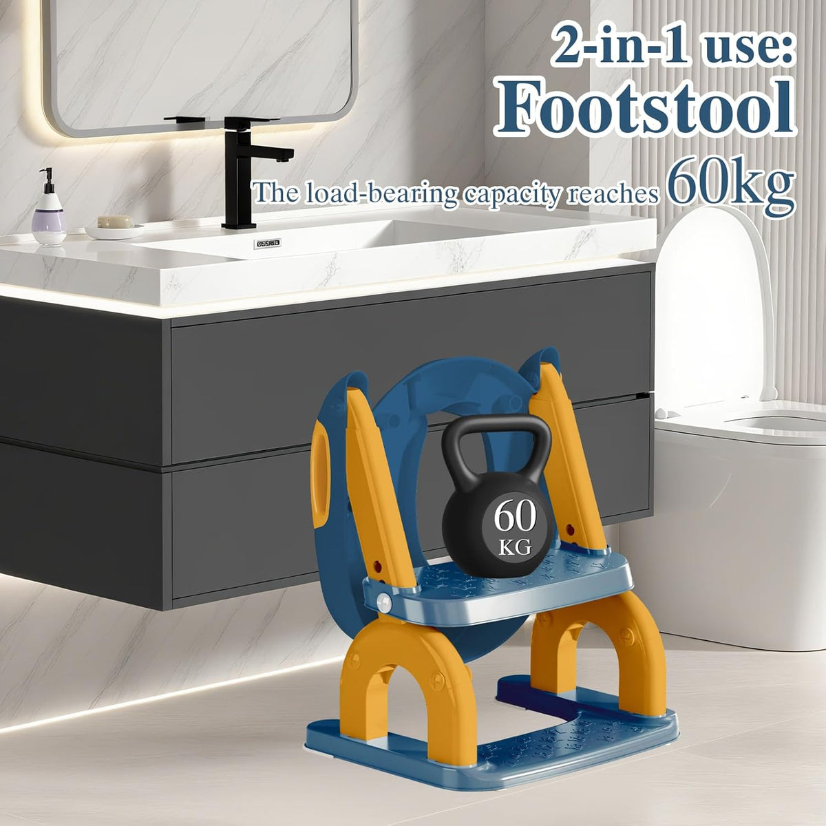 Potty Training Seat for Toddlers, Adjustable Height 2-in-1 Potty Training Toilet Ladder for Kids Boys Girls with Splash Guard, Waterproof Cushion, Anti-Slip Pad Step Stoo - Dark Blue