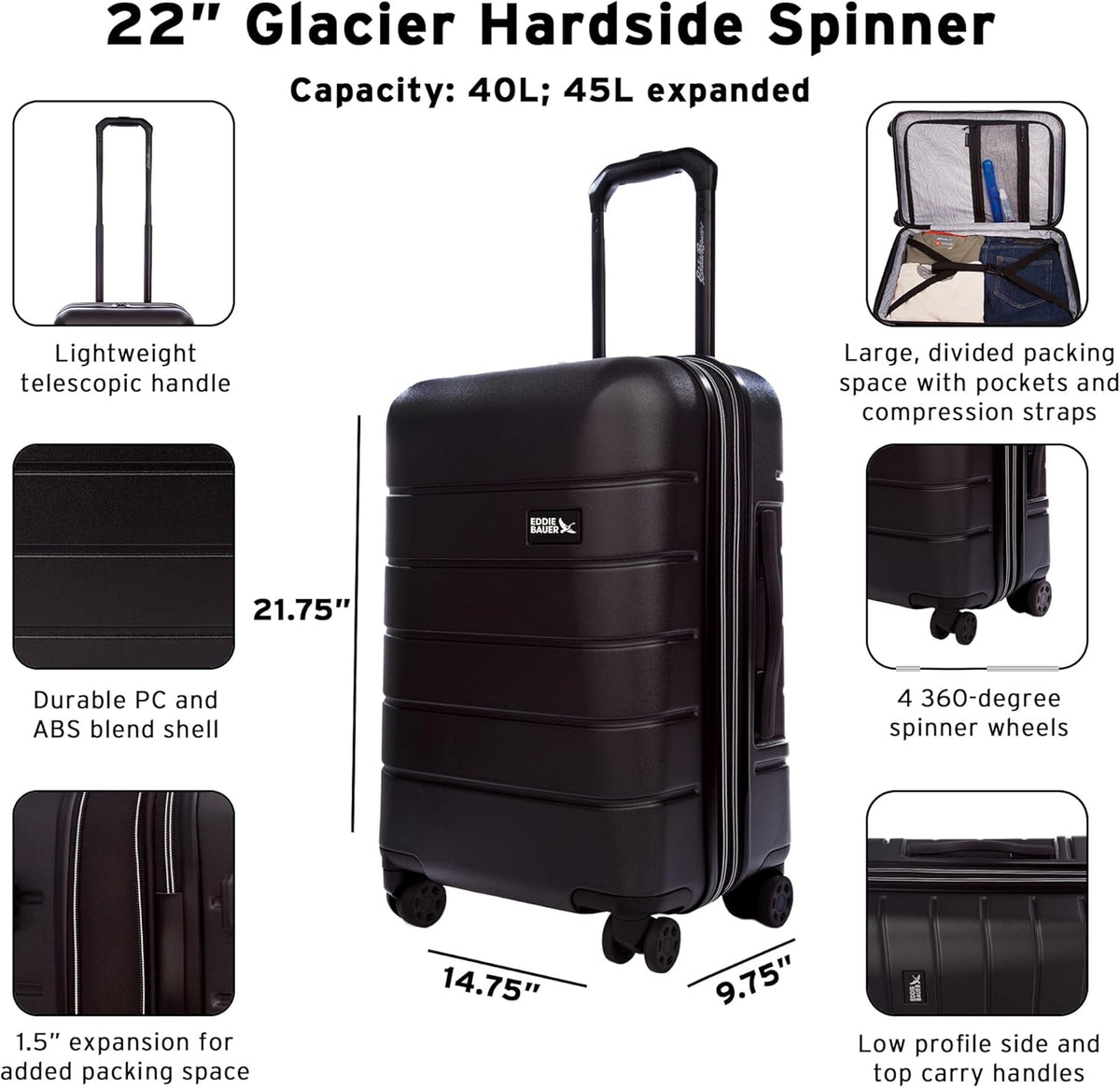 Eddie Bauer Glacier Carry-On 22" and Checked 30" Luggage | Hardside | Spinner Wheels | Expandable | Lightweight | Travel Essentials - Carbon Grey