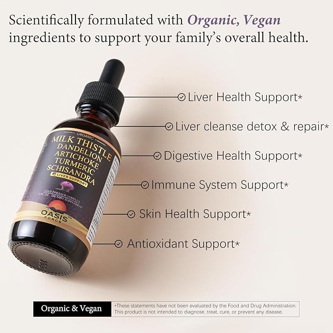 Oasisforce Organic Milk Thistle Extract Liquid for Liver Cleanse Detox & Repair, Silymarin Milk Thistle Drops Supplement with Dandelion & Artichoke for Liver Support, Vegan, Alcohol-Free, 2 FL OZ