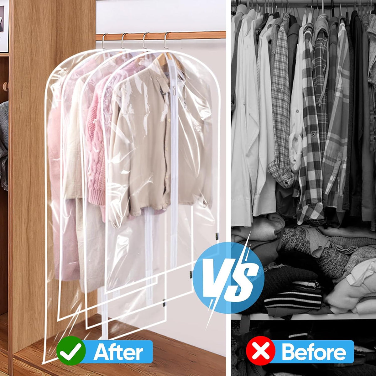 BALEINE 60'' Clear Garment Bags, 6 Packs PEVA Dress Bag for Closet Clothes Dresses Suit Coats Storage (Clear, 6PK)