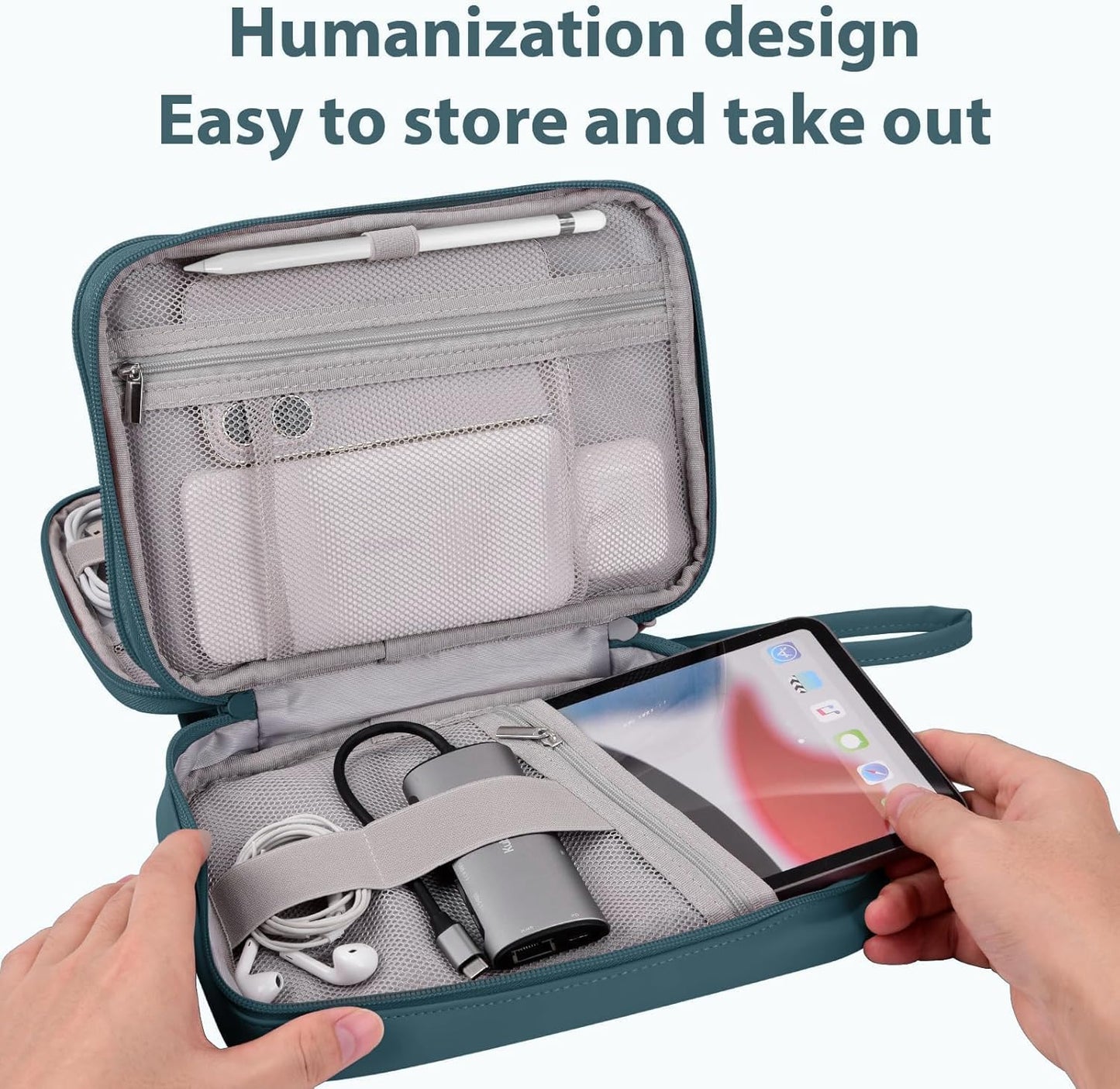 DDgro Electronics Travel Organizer Case for Cables/Cords/Chargers/Tech Essentials, Double Layers (Aqua Blue, PU-Large)