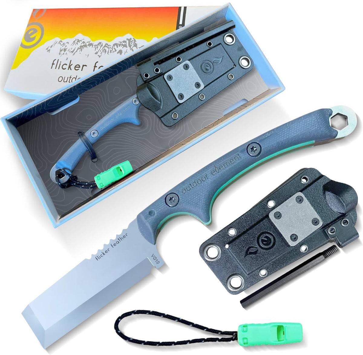 OUTDOOR ELEMENT Flicker Feather Knife Wise Owl GLOW - Right-Handed Survival Chisel Blade for Camping, Hunting, Culinary Knives & Bushcraft - Fixed Blade with Sheath, Firestarter and Emergency Whistle