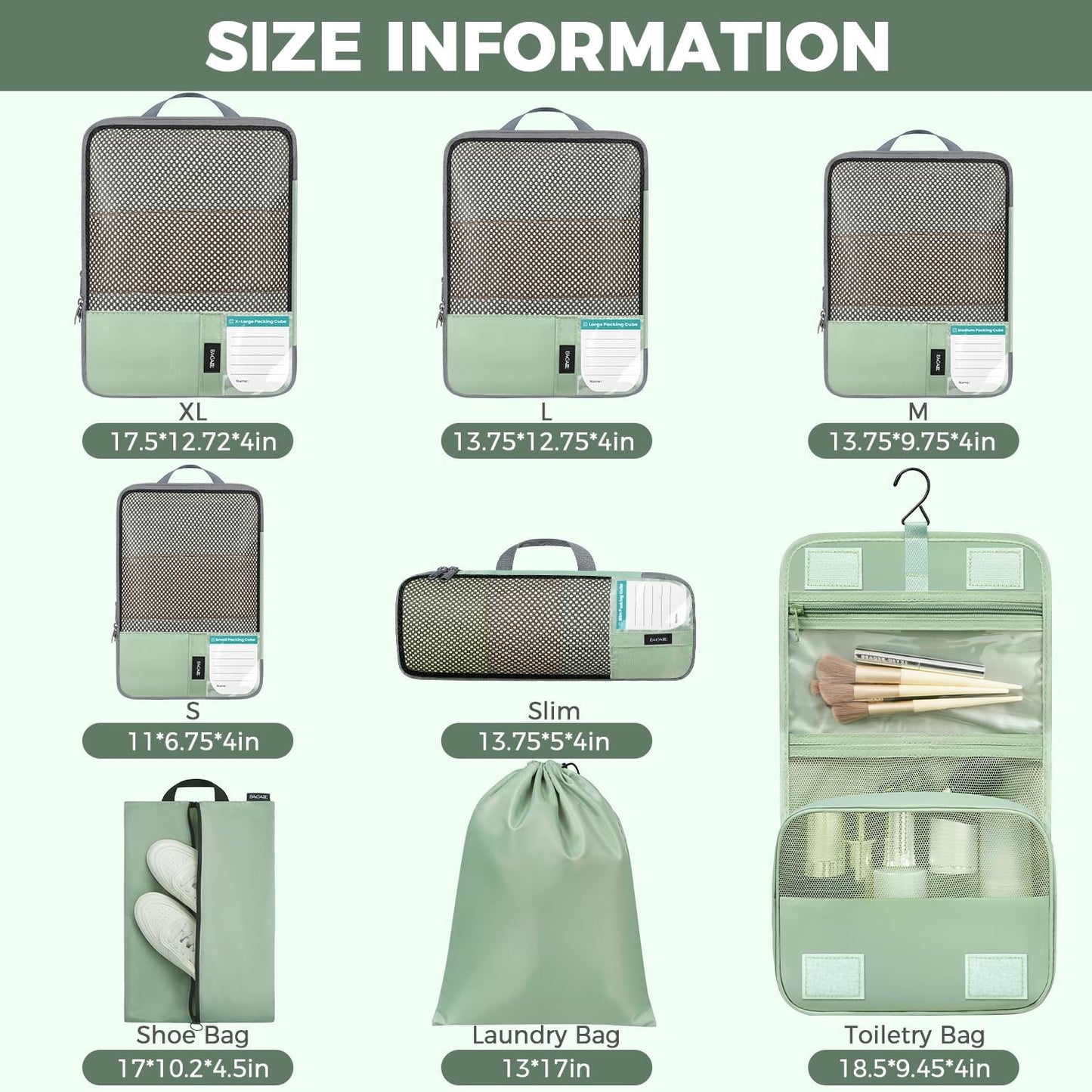 BAGAIL 4 Set/6 Set/8 Set Compression Packing Cubes Travel Accessories Expandable Packing Organizers(HalfMesh, 8-MatchaGreen)