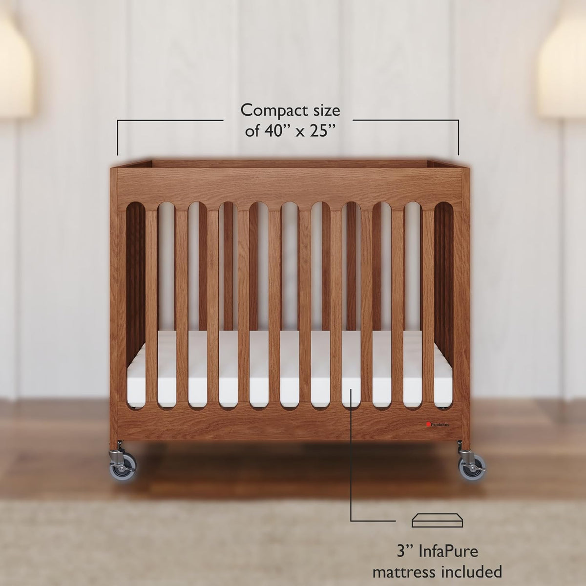 Foundations Boutique Folding Mini Baby Crib - Compact, Portable, Wooden Hotel Crib, Foldable Mini Crib for Baby & Toddlers - Includes 3" Foam Mattress, Cherry