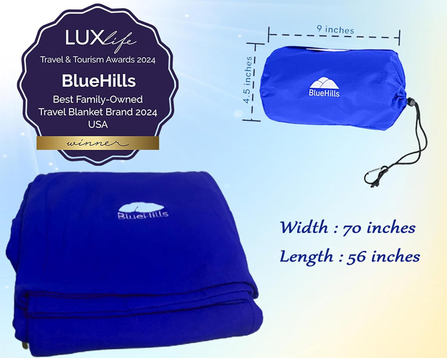 BlueHills Ultra Compact Travel Blanket Pillow in Portable Bag Case Premium Cozy Soft Compact Pack Large Blanket for Airplane Flight Layover Blue - Royal C005