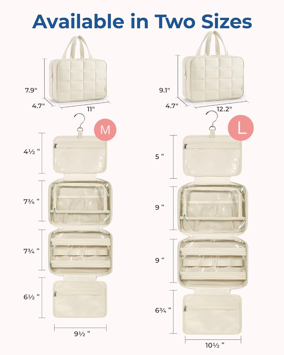 BAGSMART Travel Toiletry Bag with Jewelry Organizer, Hanging Travel Bag for Toiletries, Puffy Makeup Cosmetic Bag Organizer, Carry-on Travel Accessories Essentials, Beige-L
