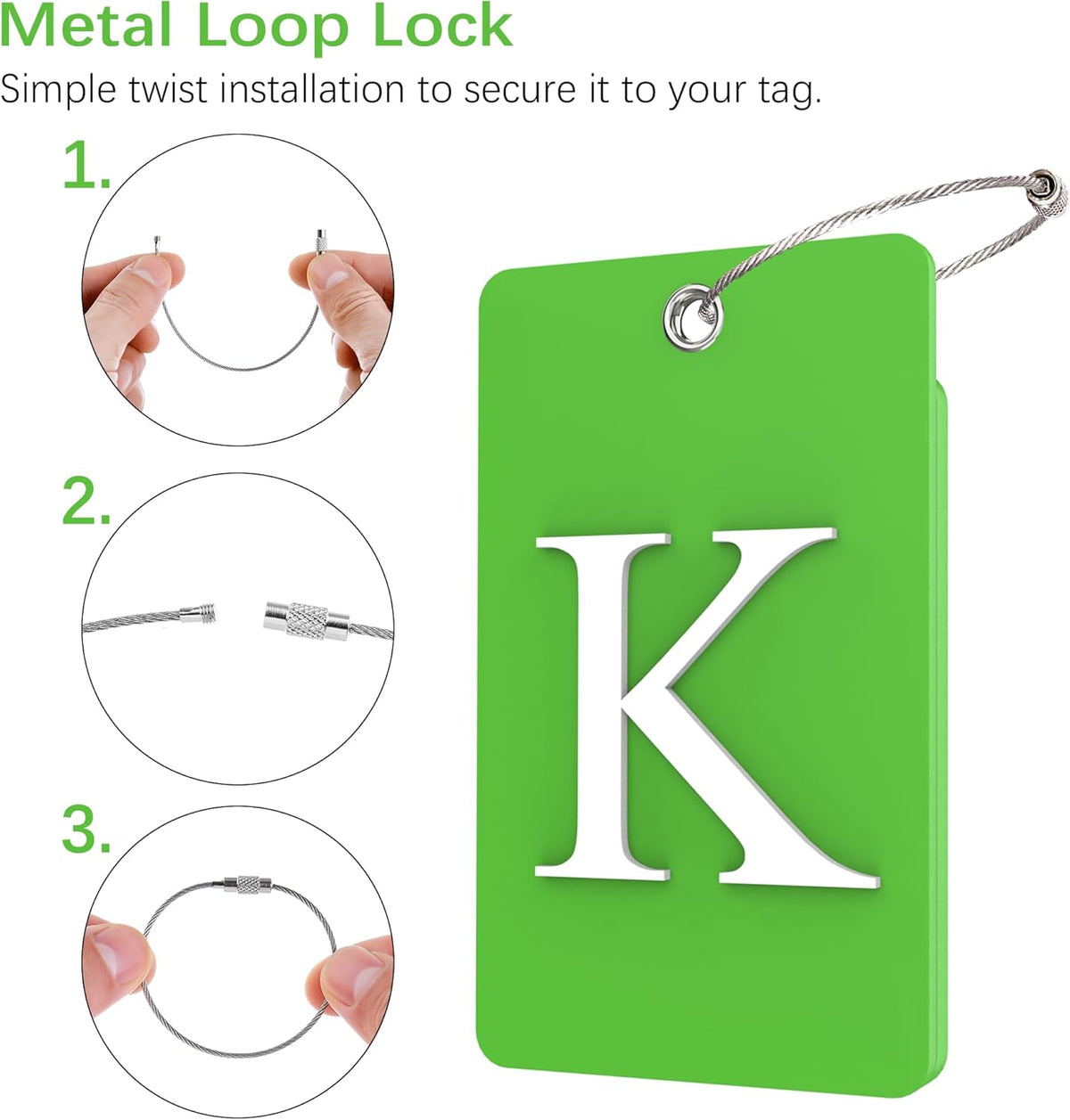 Gostwo 2 Pack Luggage Tags for Suitcases, 26 Initial Letter Travel Luggage Baggage Identification Labels ID Tag Fully Bendable Tags with Stainless Steel Loop (Green) (Letter K)