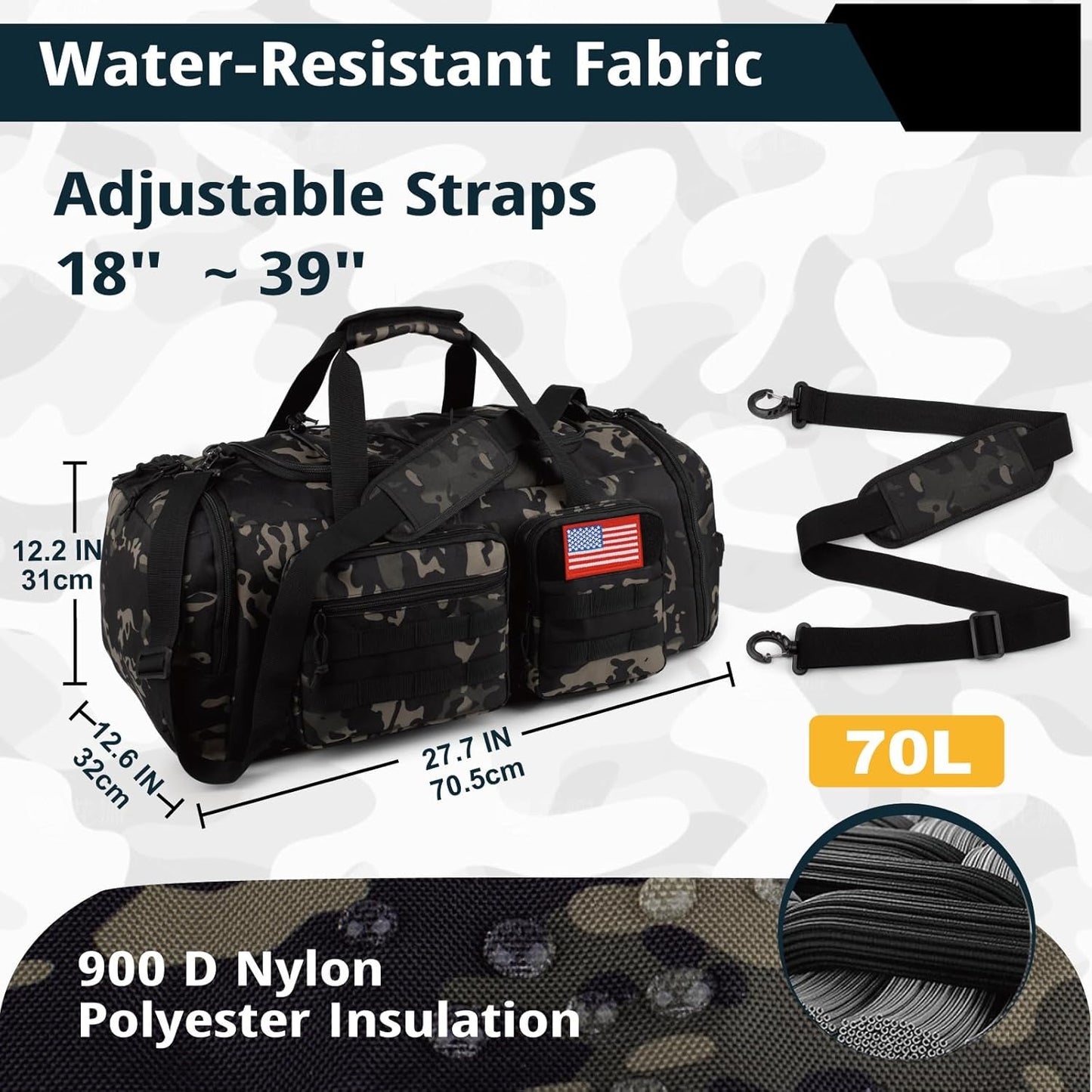 Tactical Gym Bag for Men，70L Large 3 in 1 Sports Duffle Bag with Shoes Compartment for Travel,Water Resistant Travel Backpack Weekender Overnight Bag with Wet Pocket for Women