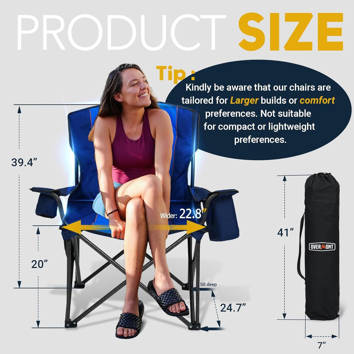 Overmont Oversized Folding Camping Chair - 450lbs Support with Padded Cushion Cooler Pockets - Heavy Duty Collapsible Chairs for Sports Garden Beach Fishing